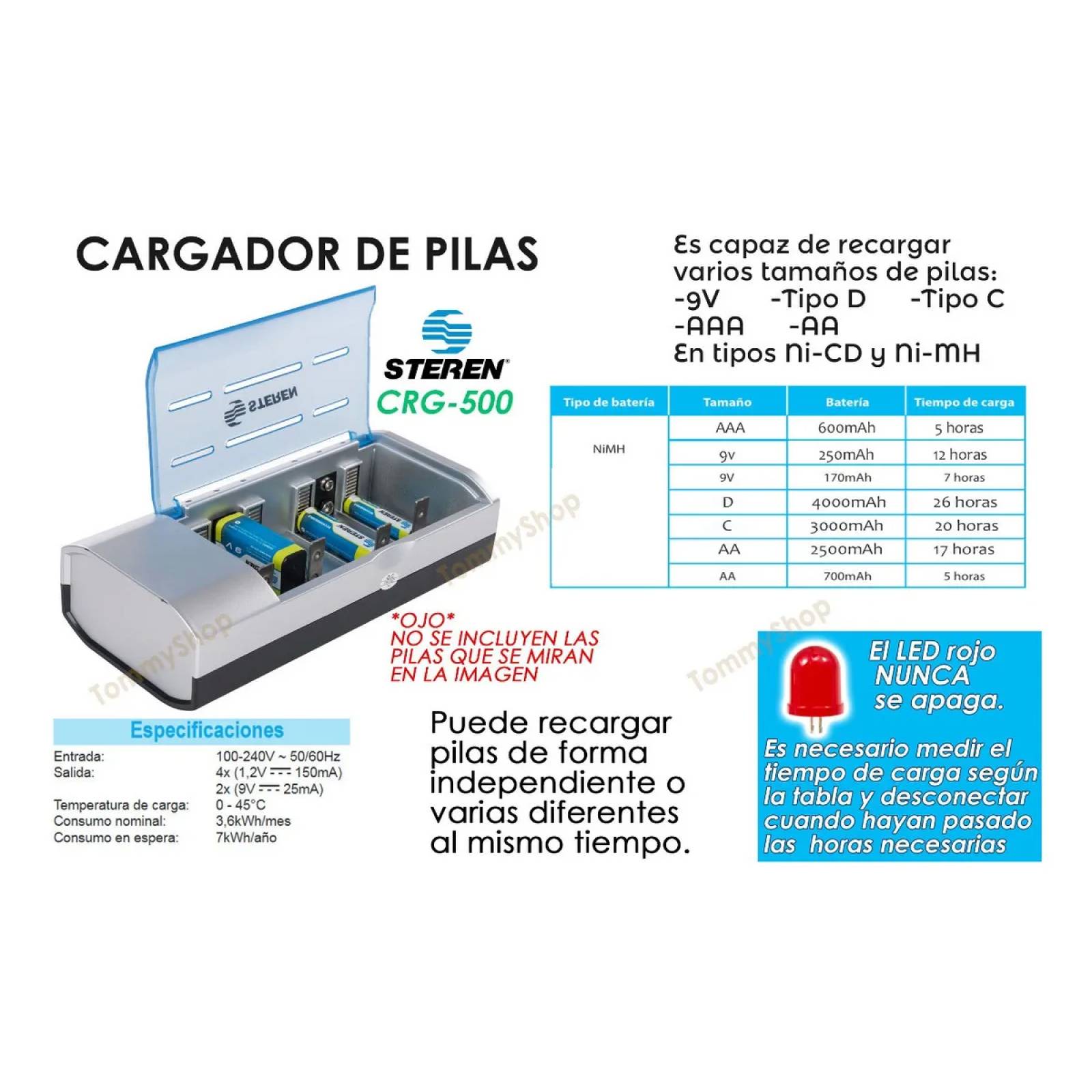 Cargador + 2 Pilas Recargables Tamaño D + 2 Tipo C Ni-mh