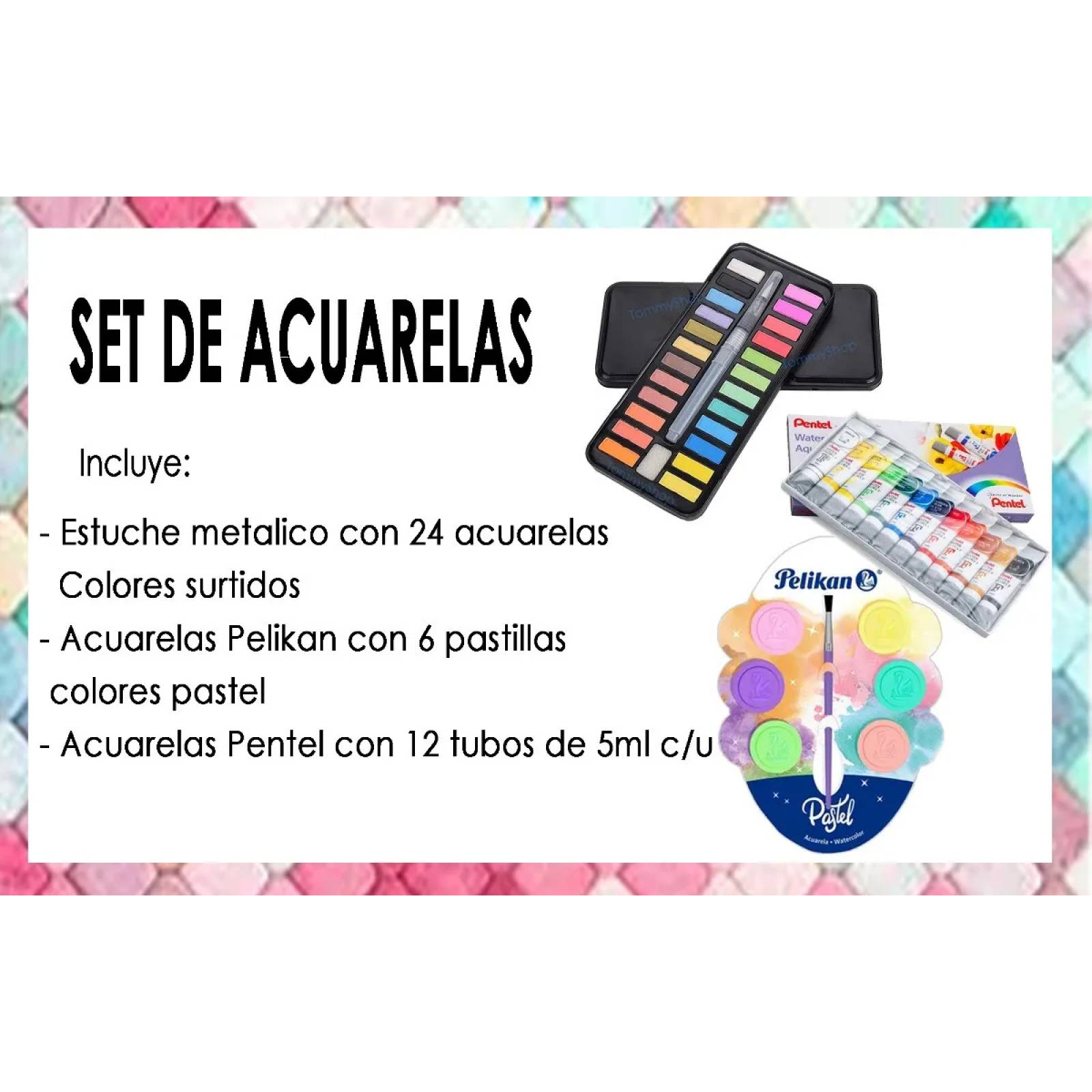 Kit Acuarelas Estuche C 24 + Pentel 12 + Pastel C 6 Pintura
