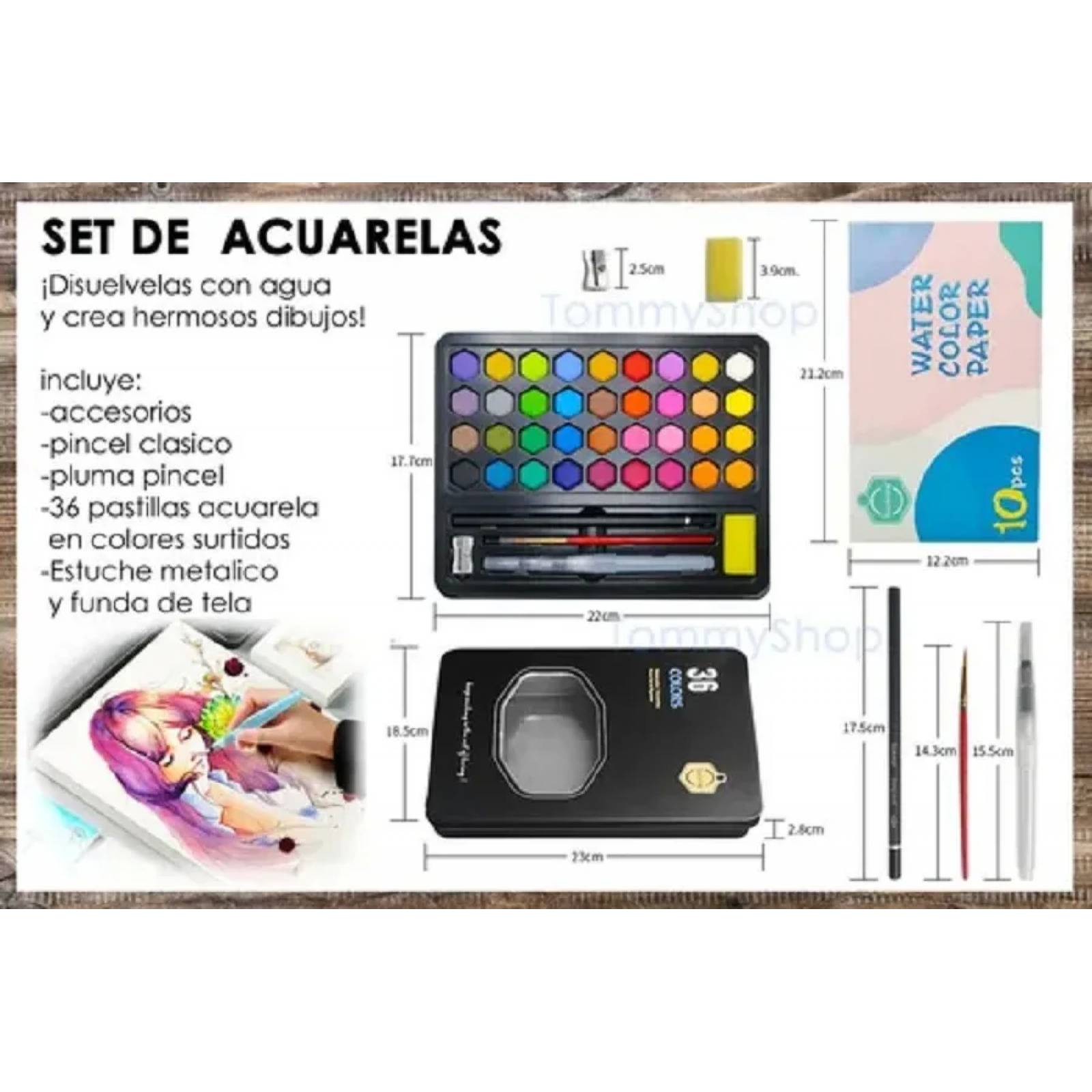 Estuche 36 Acuarelas Giorgione + Papel Grueso Lino P Pintar