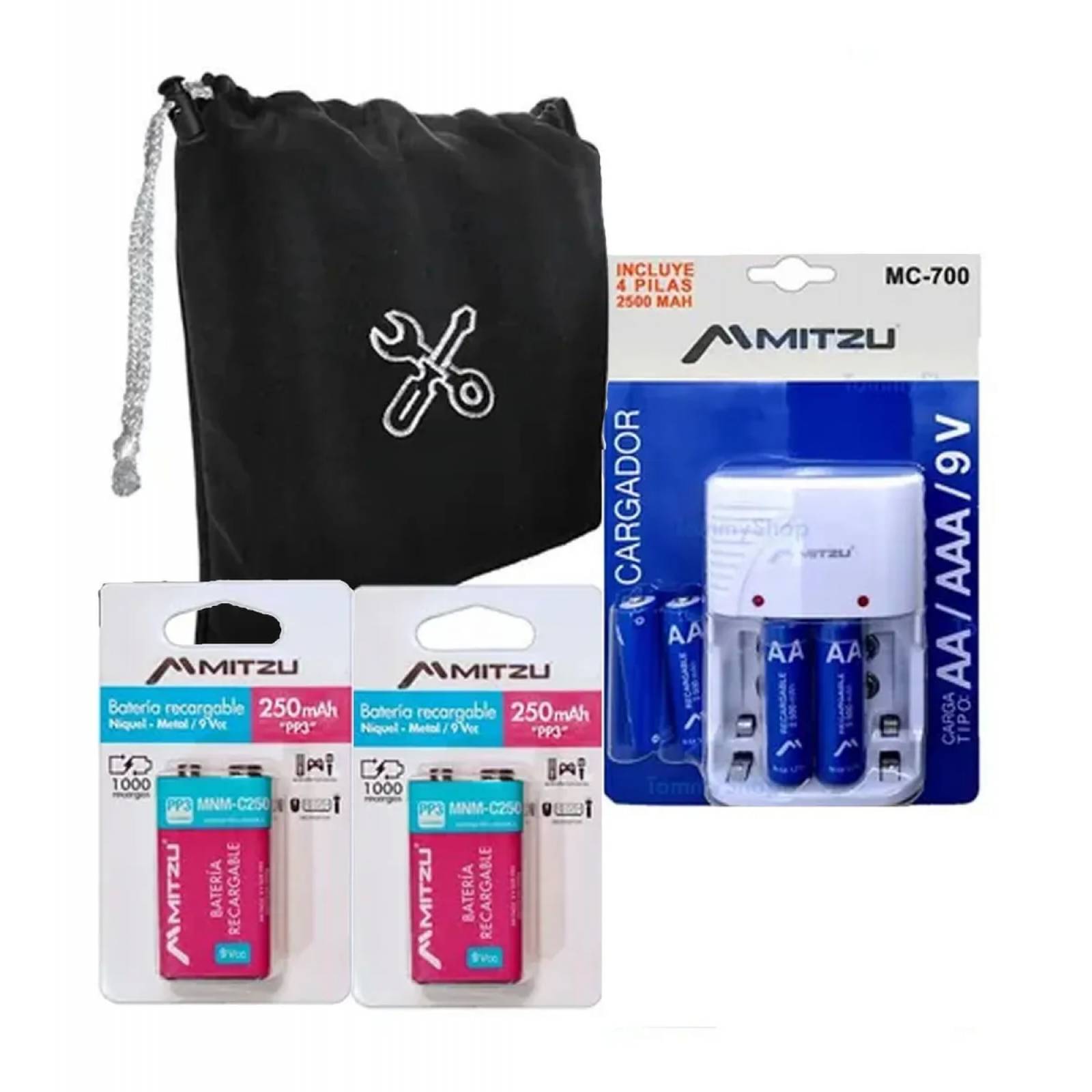 Cargador Con 4 Aa 2500 Mah + 2 Pilas 9v Cuadrada Pp3 250 Mah
