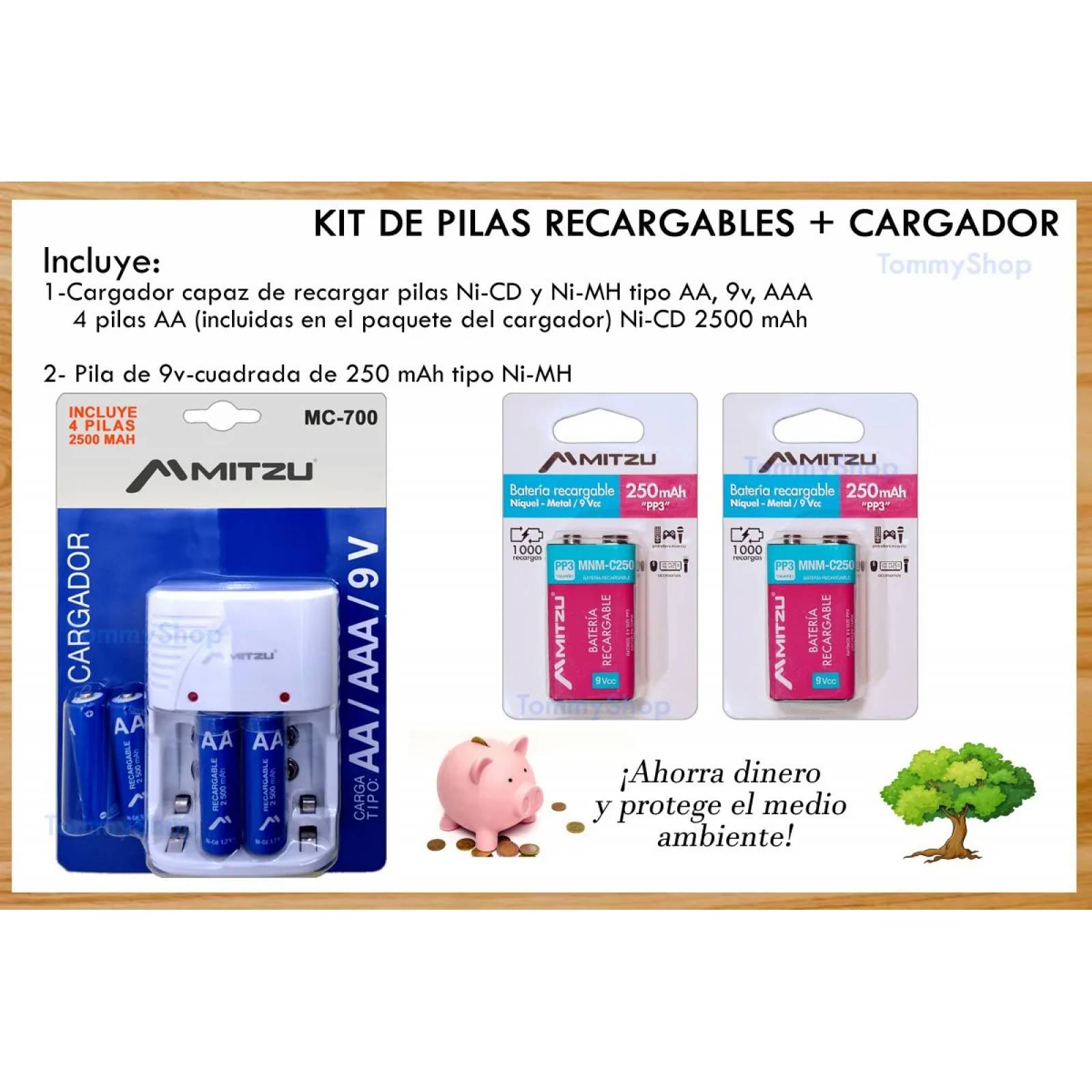 Cargador Con 4 Aa 2500 Mah + 2 Pilas 9v Cuadrada Pp3 250 Mah