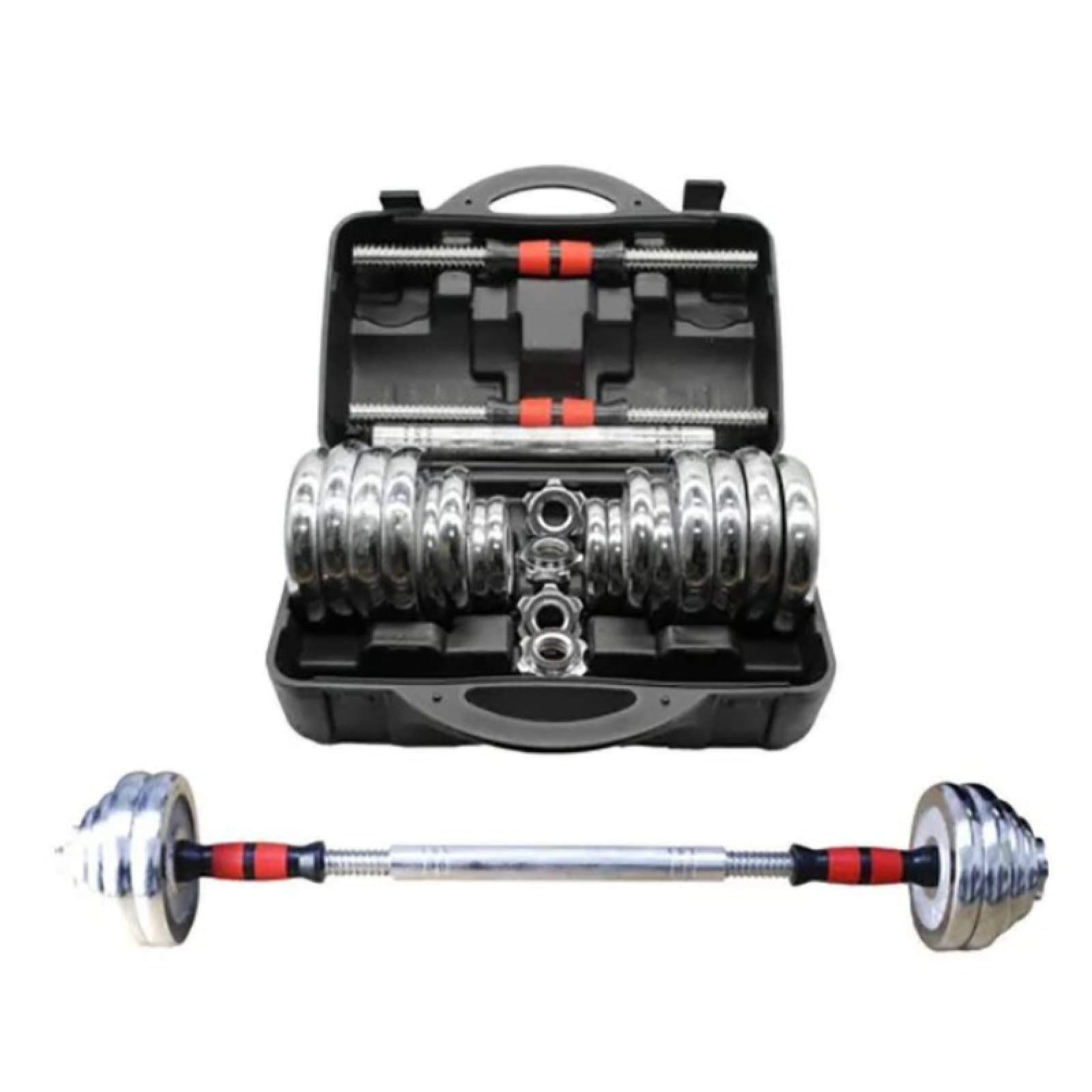 Pesas Mancuernas Cromadas Kit 30kg Con Estuche Y Uni Barra 