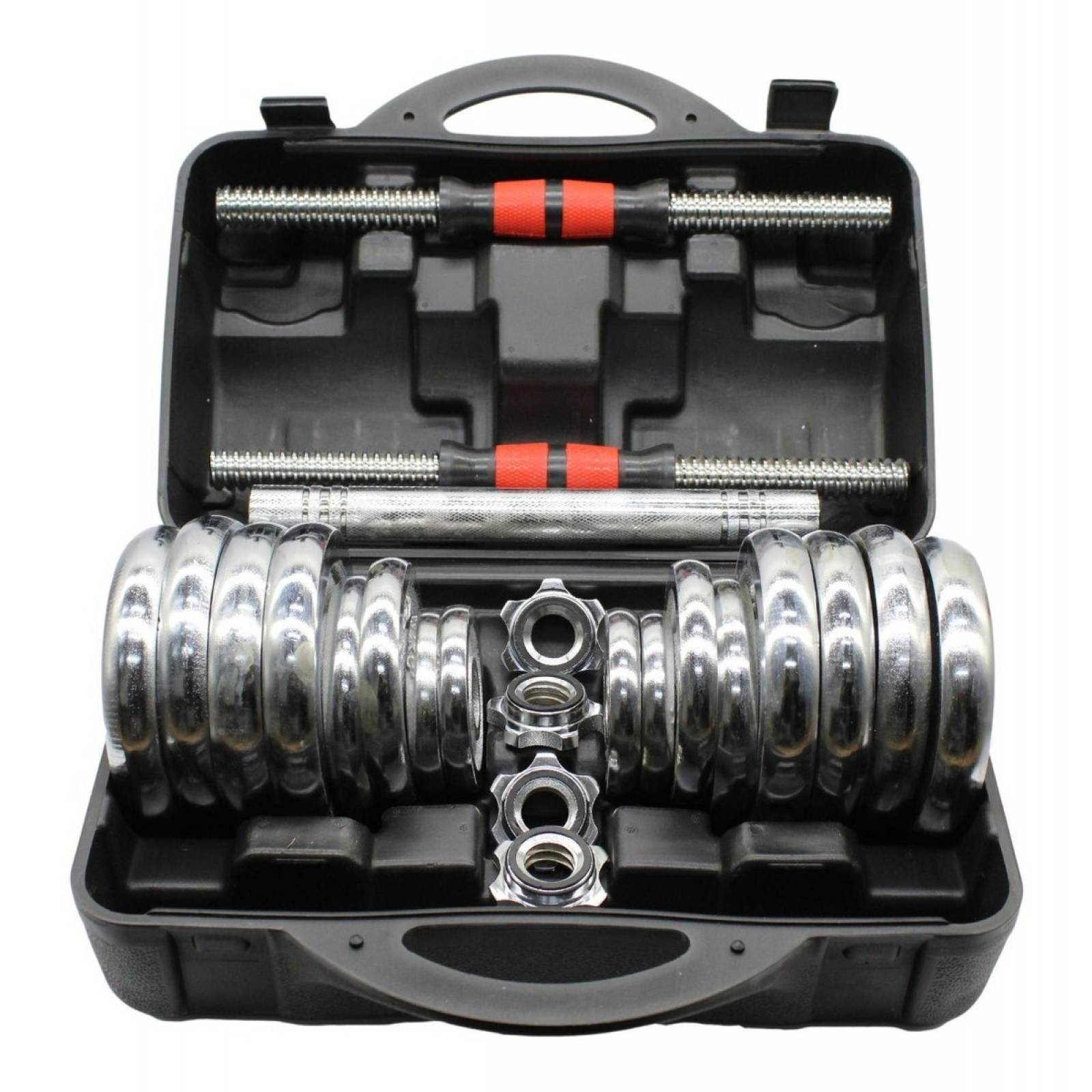 Pesas Mancuernas Cromadas Kit 30kg Con Estuche Y Uni Barra 