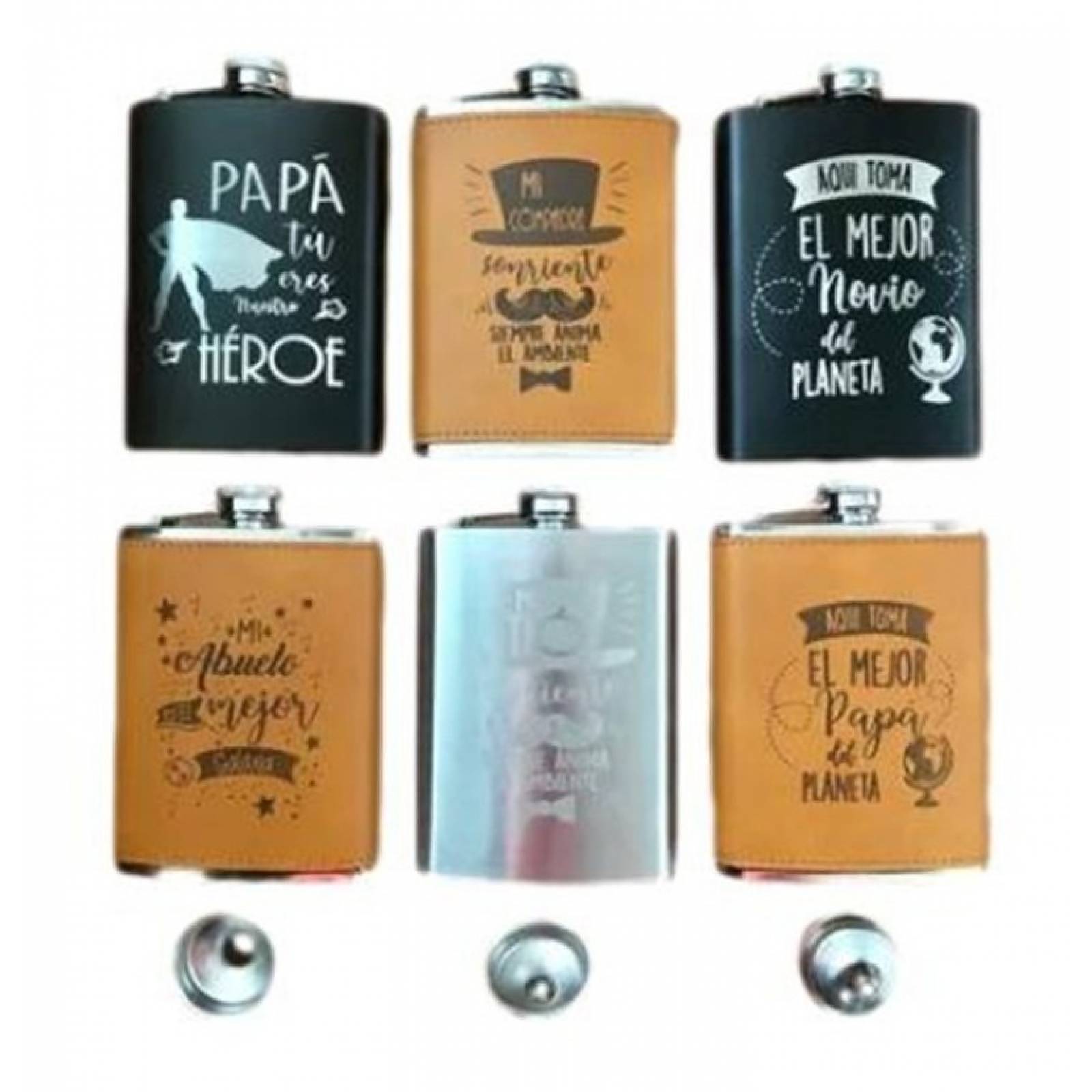 Licorera Ánfora 8oz Acero Inoxidable Negra Y Vinipiel Café