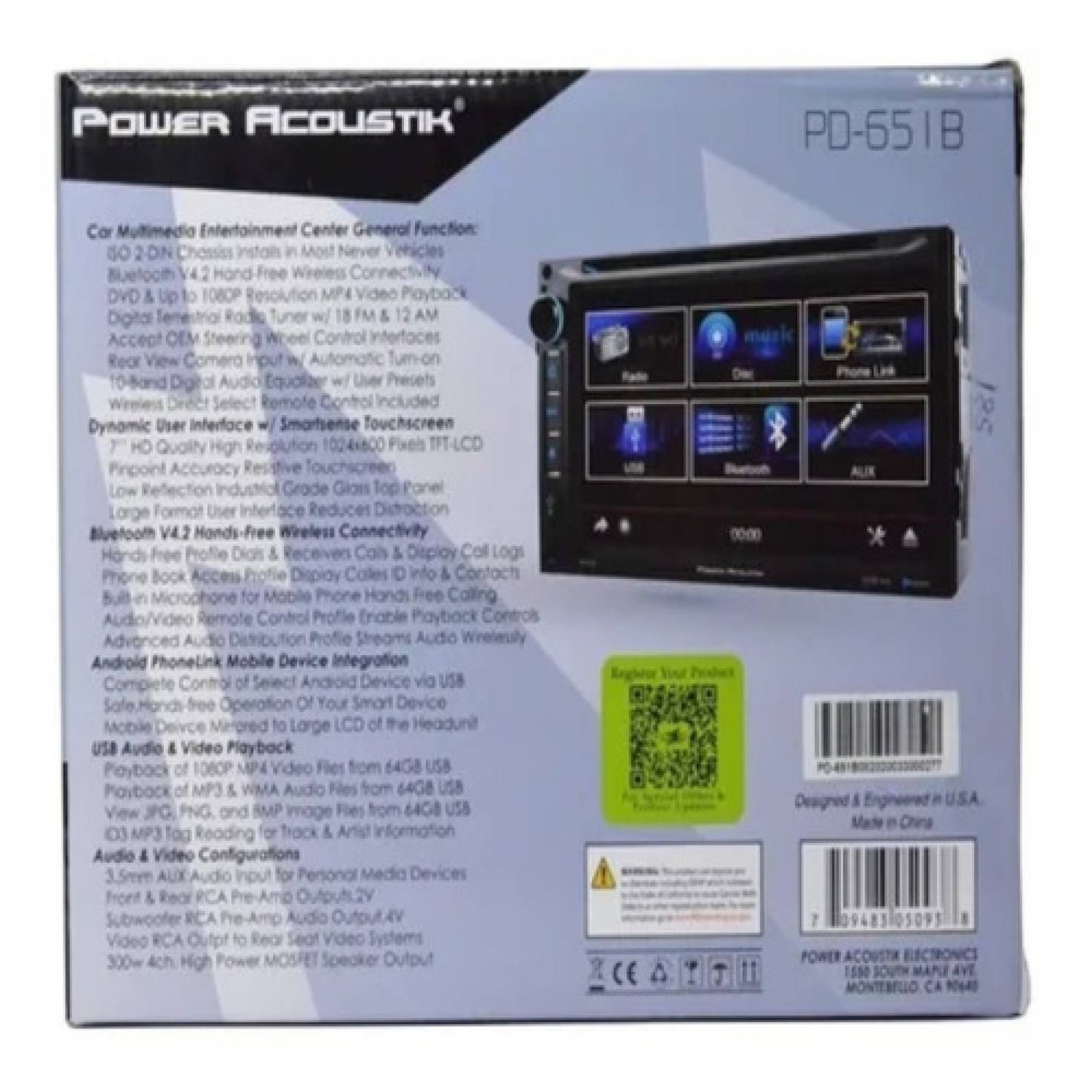 Pantalla Power Acoustik Pd651b 6 5puLG Dvd Usb Mirrorlink Bt