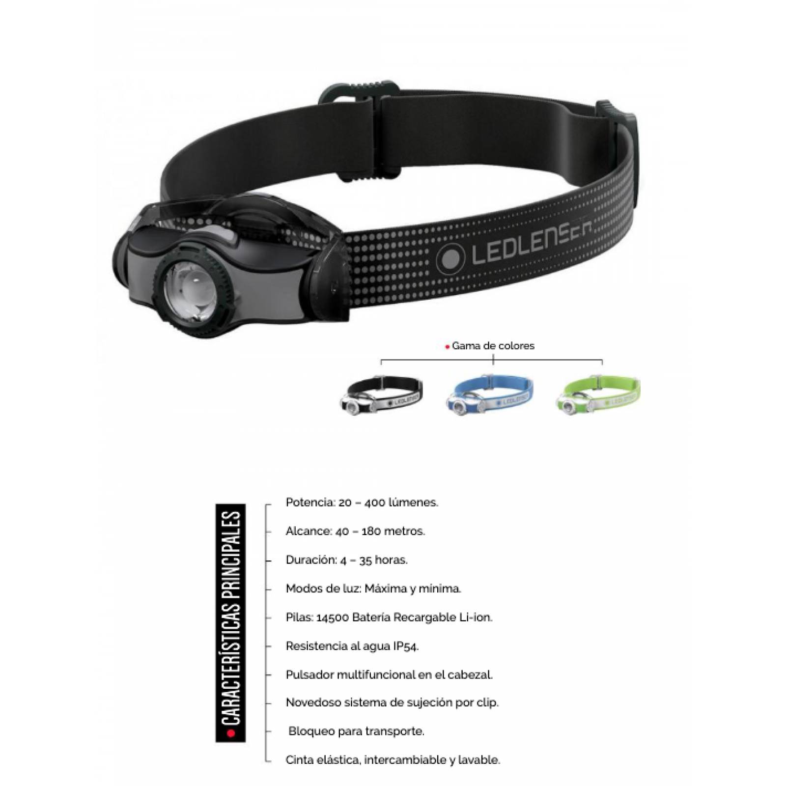LEDLENSER LED-002-026 LINTERNA DE CABEZA RECARGABLE TIPO MINERO MH5 400 LUMENS 180 METROS 