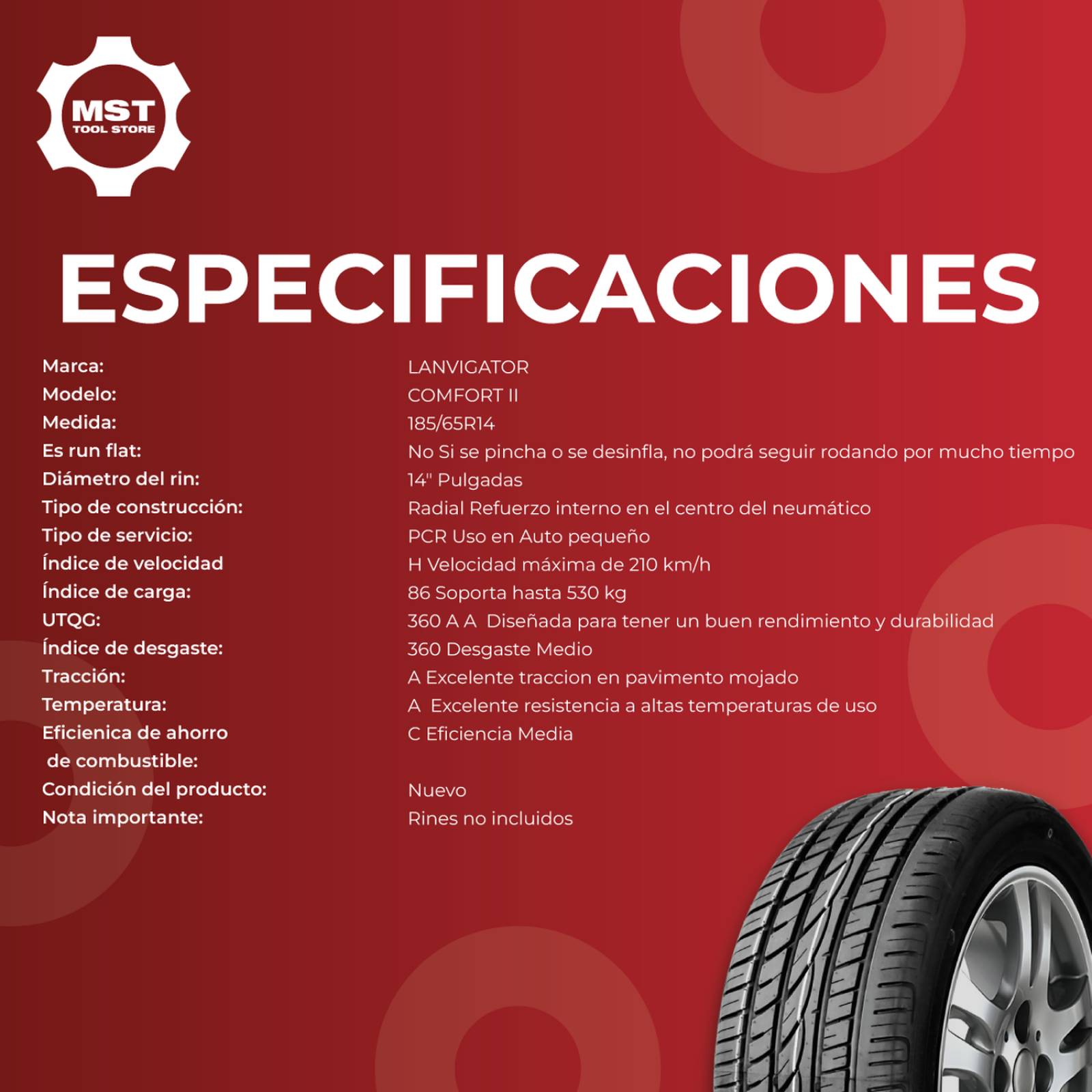 Llanta 185/65R14 neumatico alto rendimiento LANVIGATOR COMFORTII 86H 