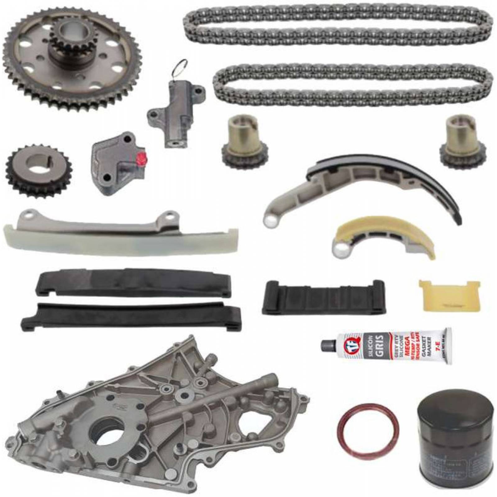 KIT DE DISTRIBUCION CADENA DOBLE CON BOMBA DE ACEITE Y FILTRO DE ACEITE PARANISSAN CABSTAR 2.5L DIESEL 08-13 MOTOR YD25DDTI 16 PIEZAS