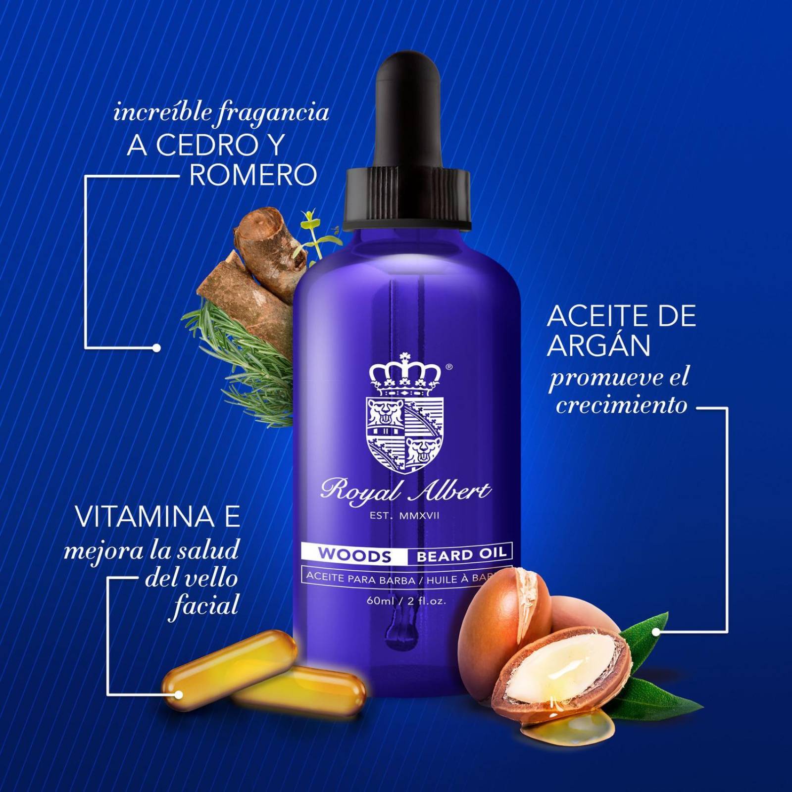 Aceite para Barba y Bigote Royal Albert, Aroma Woods, 60 ml 