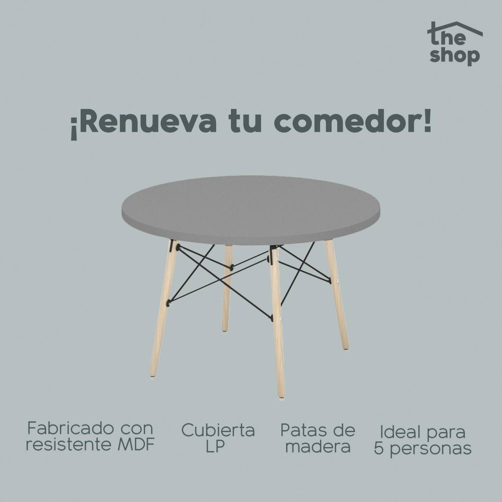 Mesa de Comedor Circular The Shop, Base Madera Tipo Eames Gris