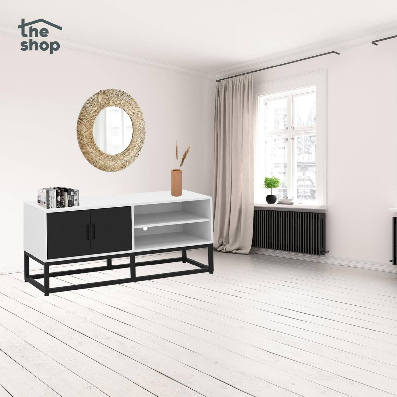 Mueble para TV Moderno The Shop, 2 Puertas y Entrepaños Blanco