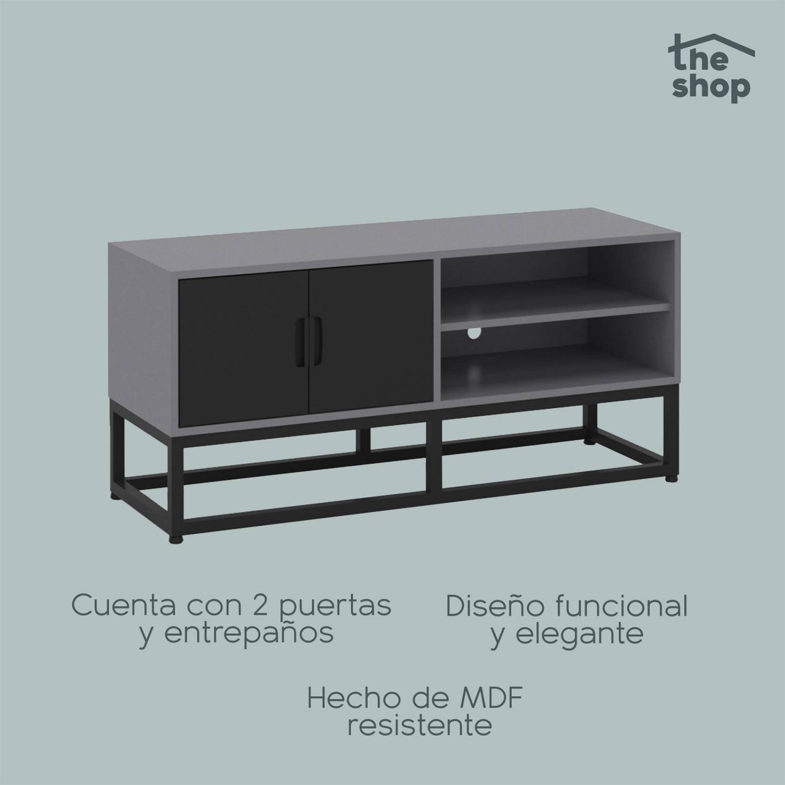 Mueble para TV Moderno The Shop, 2 Puertas y Entrepaños Gris oscuro