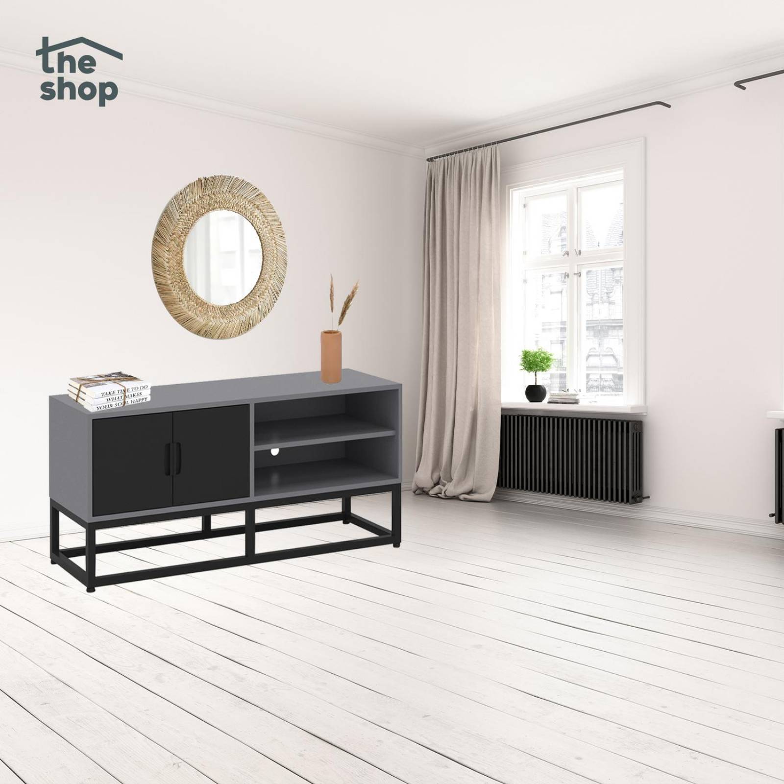 Mueble para TV Moderno The Shop, 2 Puertas y Entrepaños Gris oscuro