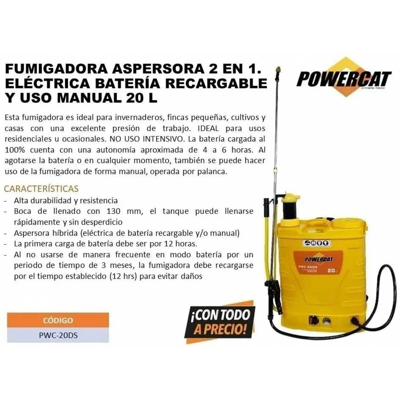 Aspersora Batería Eléctrica Y Manual 20l Pwc20 Powercat F023