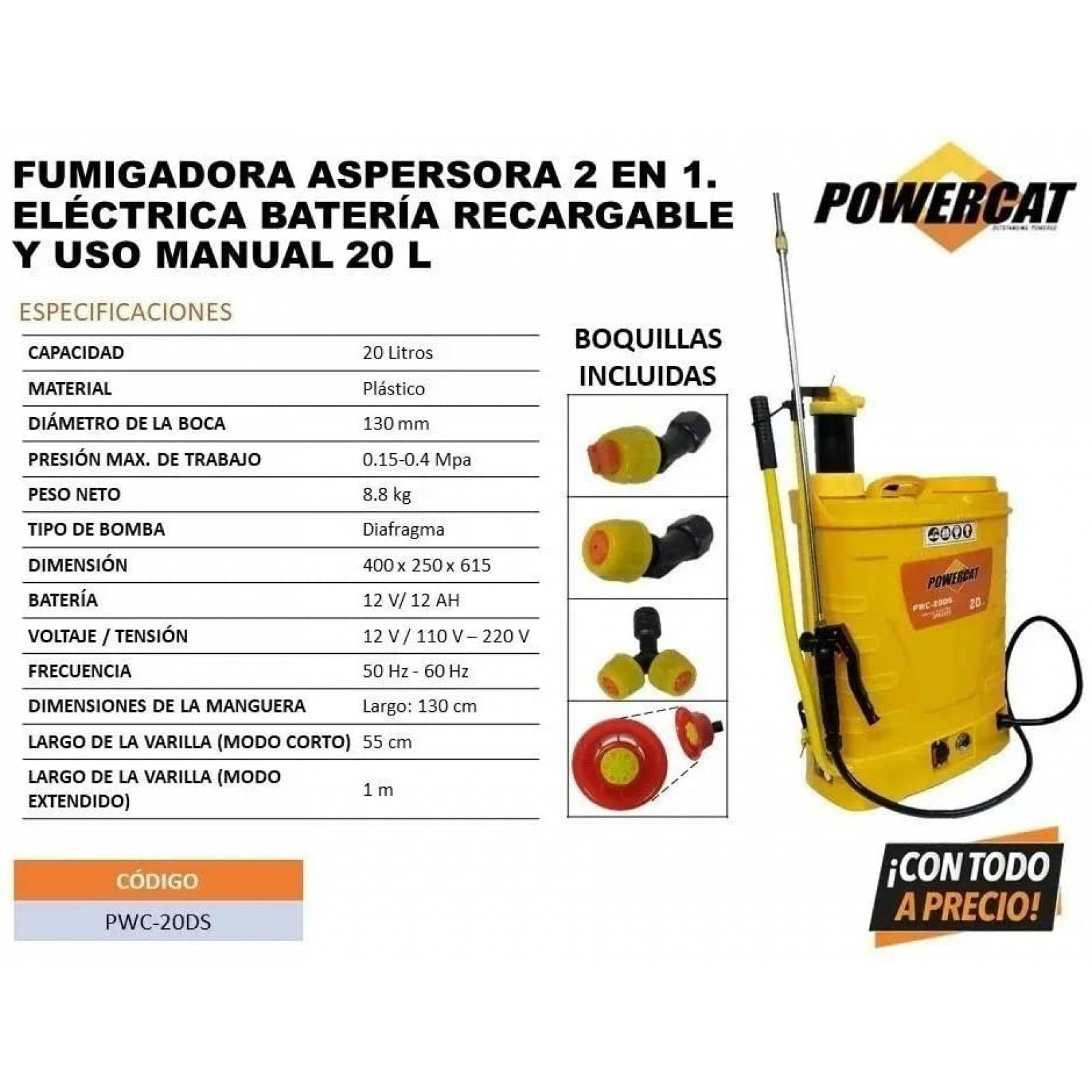 Aspersora Batería Eléctrica Y Manual 20l Pwc20 Powercat F023
