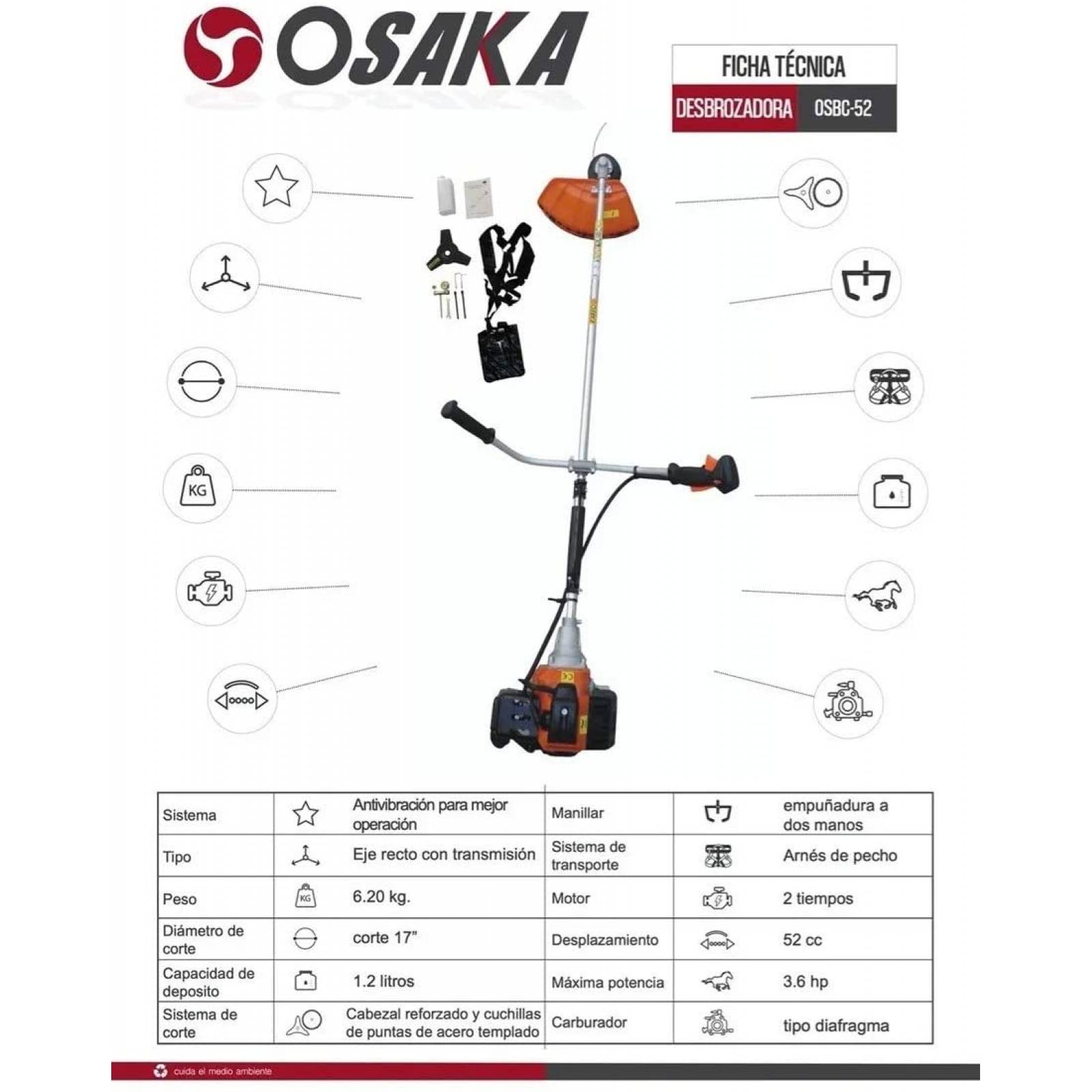 Desbrozadora desmalezadora uso Profesional 3.6 Hp 52cc Osaka.