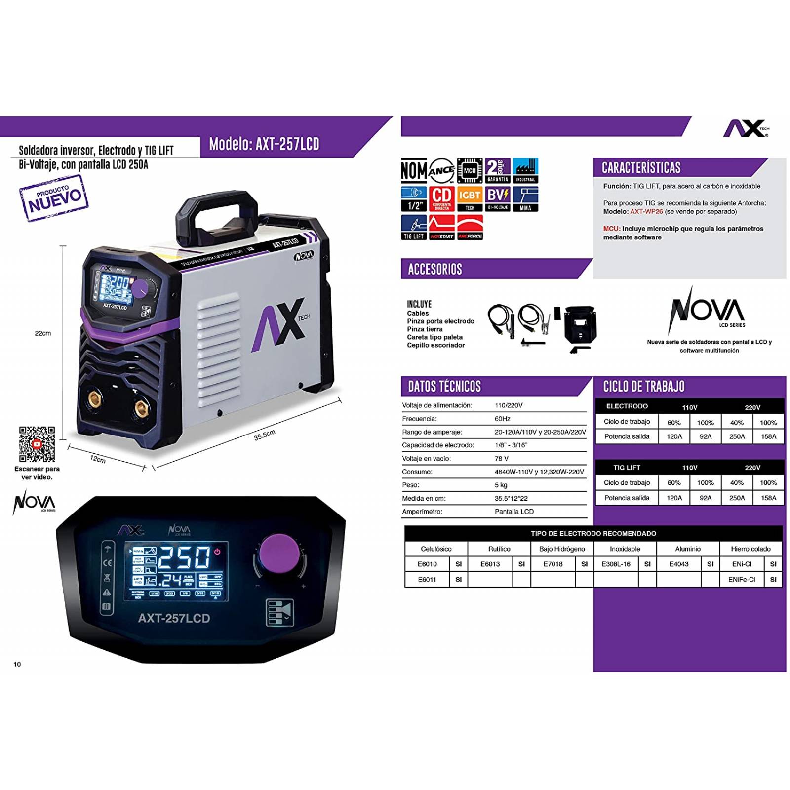 Axt-257lcd Soldadora Inversora bi voltaje 220 amp electrodo y tig lift + careta electrónica