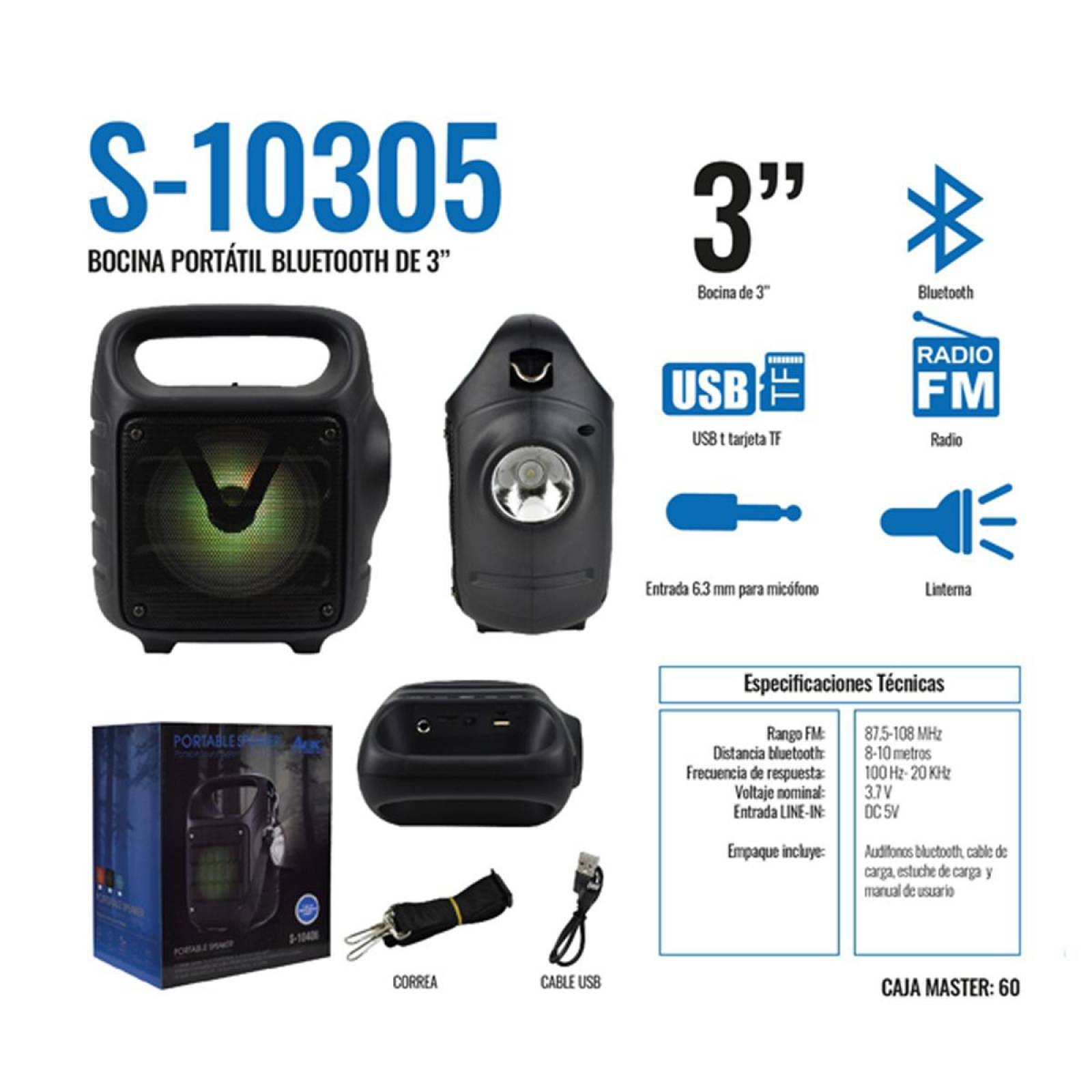 Bocina 3" Bluetooth Con Lampara Led Integrada Auxiliar SD USB FM (S-10305) 