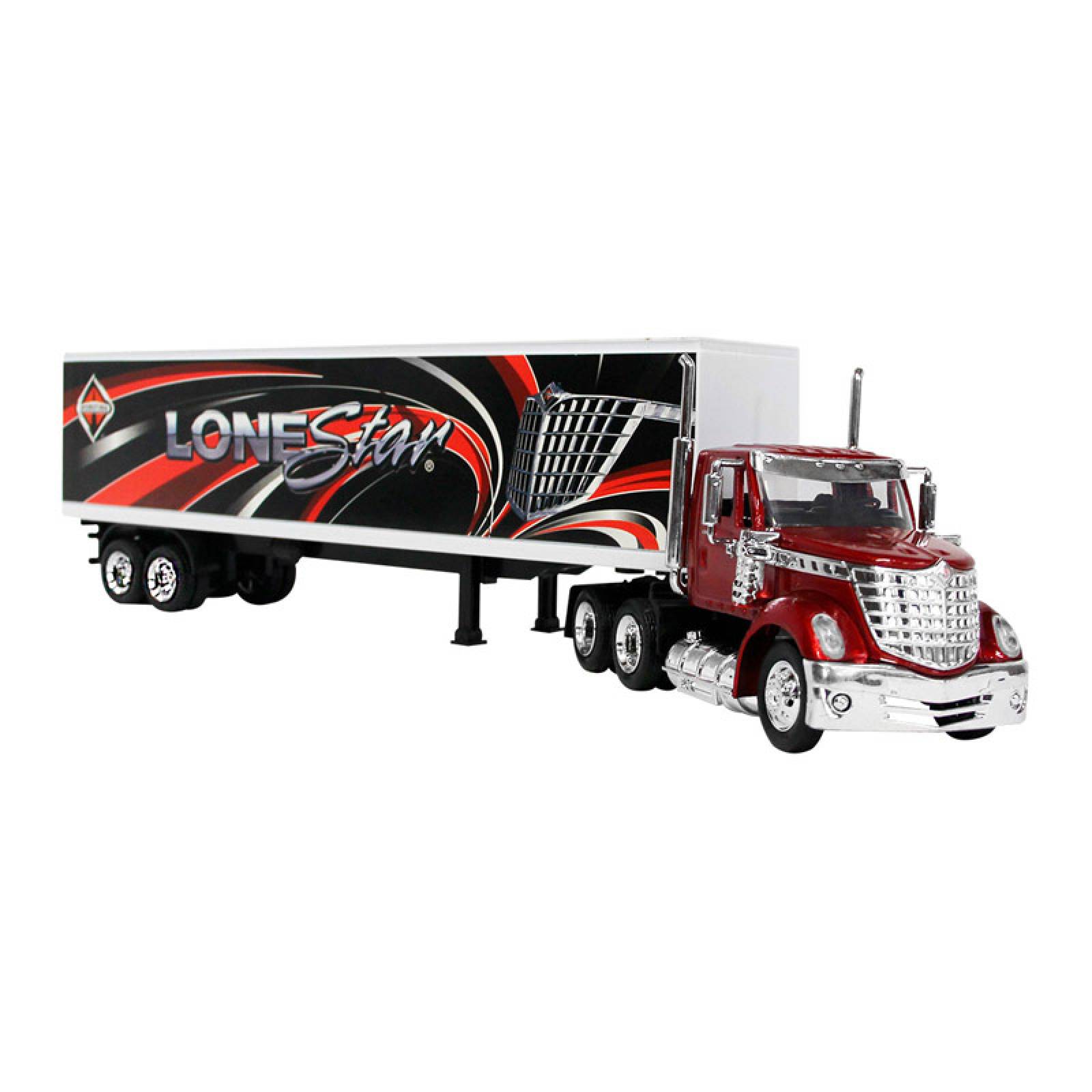 TRACTOCAMION INTERNATIONAL LONESTAR ROJO CON REMOLQUE CAJA SECA ESCALA 1:43