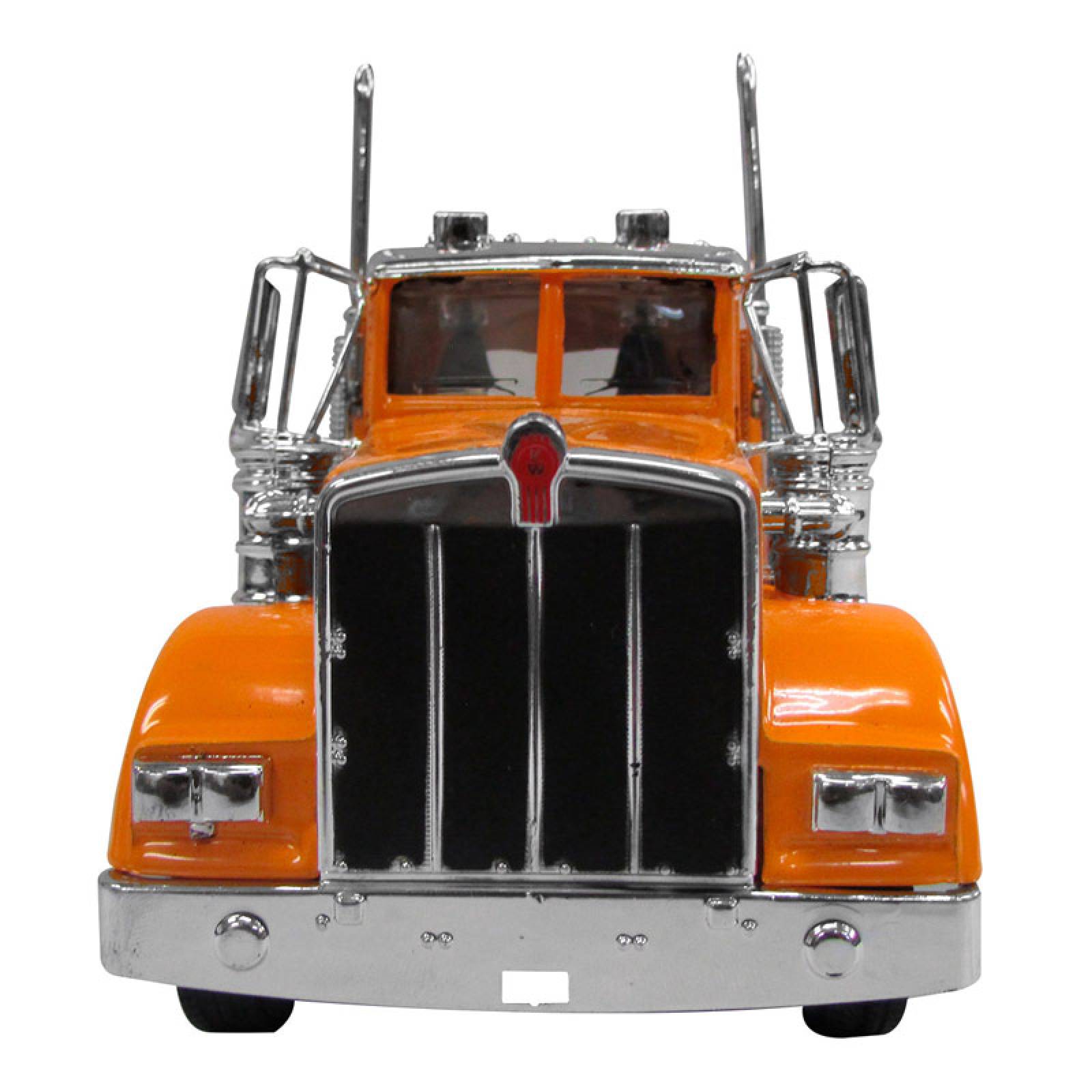 TRACTOCAMION KENWORTH W-900 NARANJA CON PLATAFORMA Y EXCAVADORA ESCALA 1:32