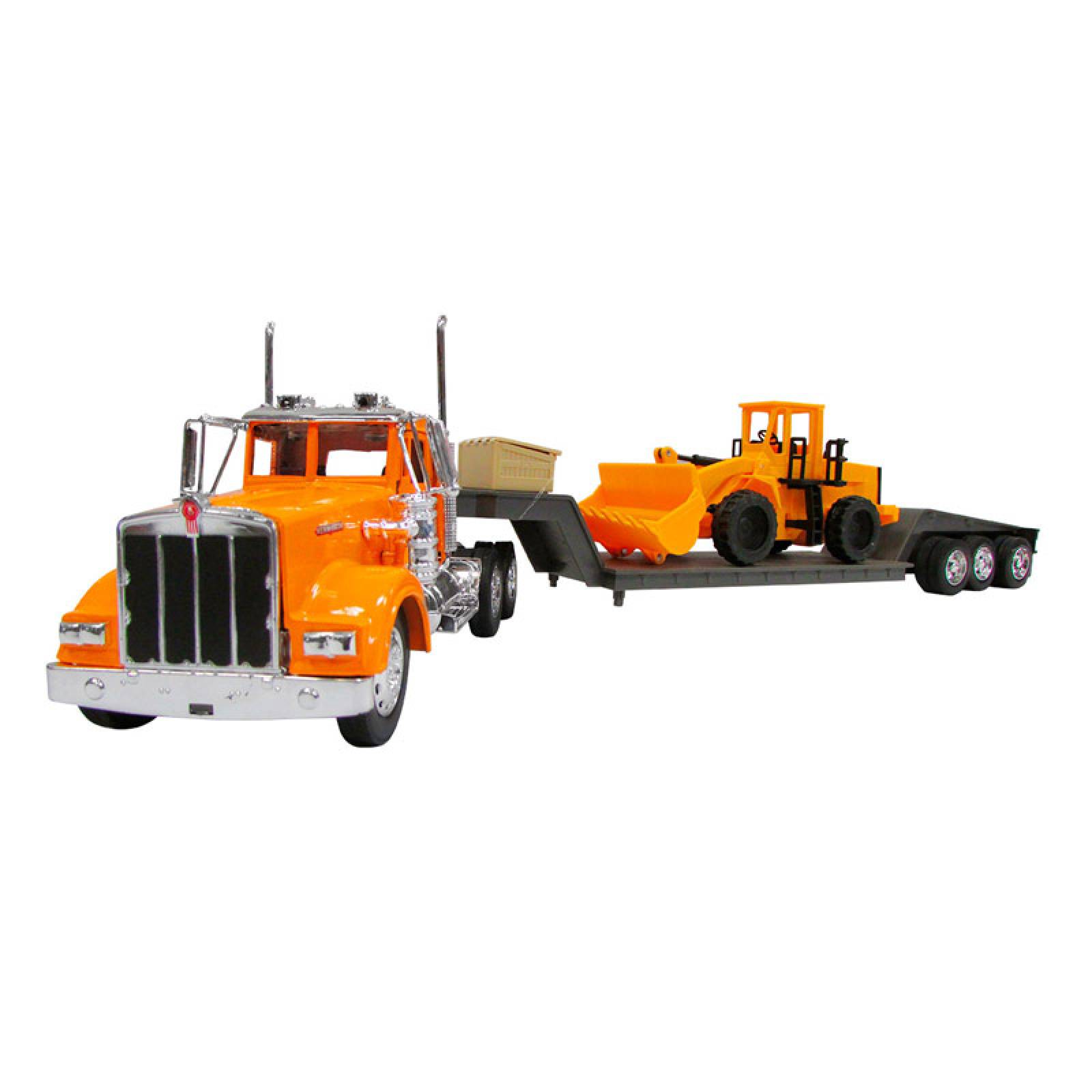 TRACTOCAMION KENWORTH W-900 NARANJA CON PLATAFORMA Y EXCAVADORA ESCALA 1:32