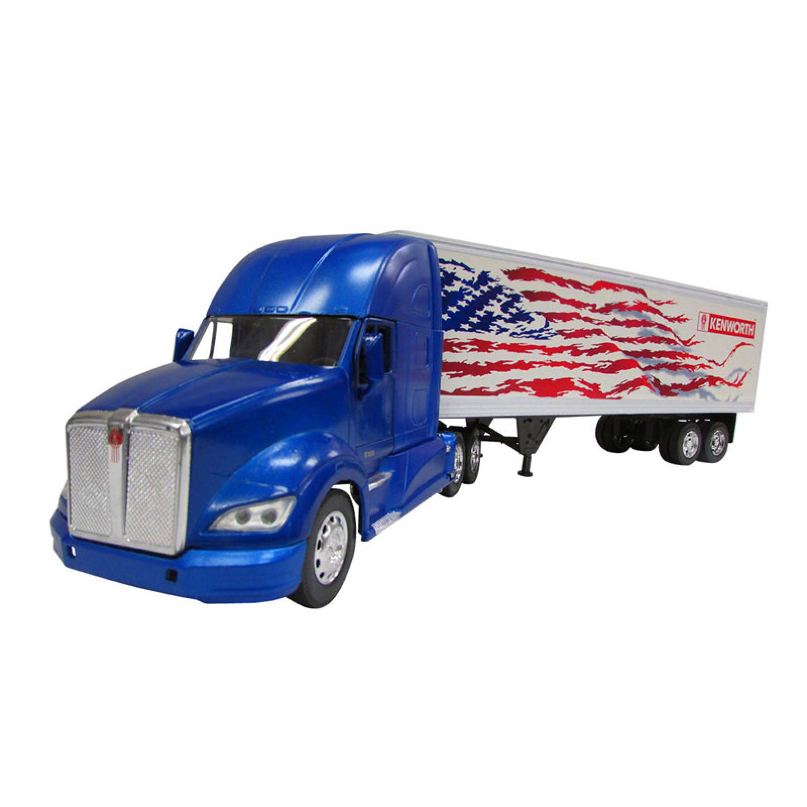 TRACTOCAMION KENWORTH T-700 AZUL CON REMOLQUE CAJA SECA DECORADA BANDERA USA ESCALA 1:43