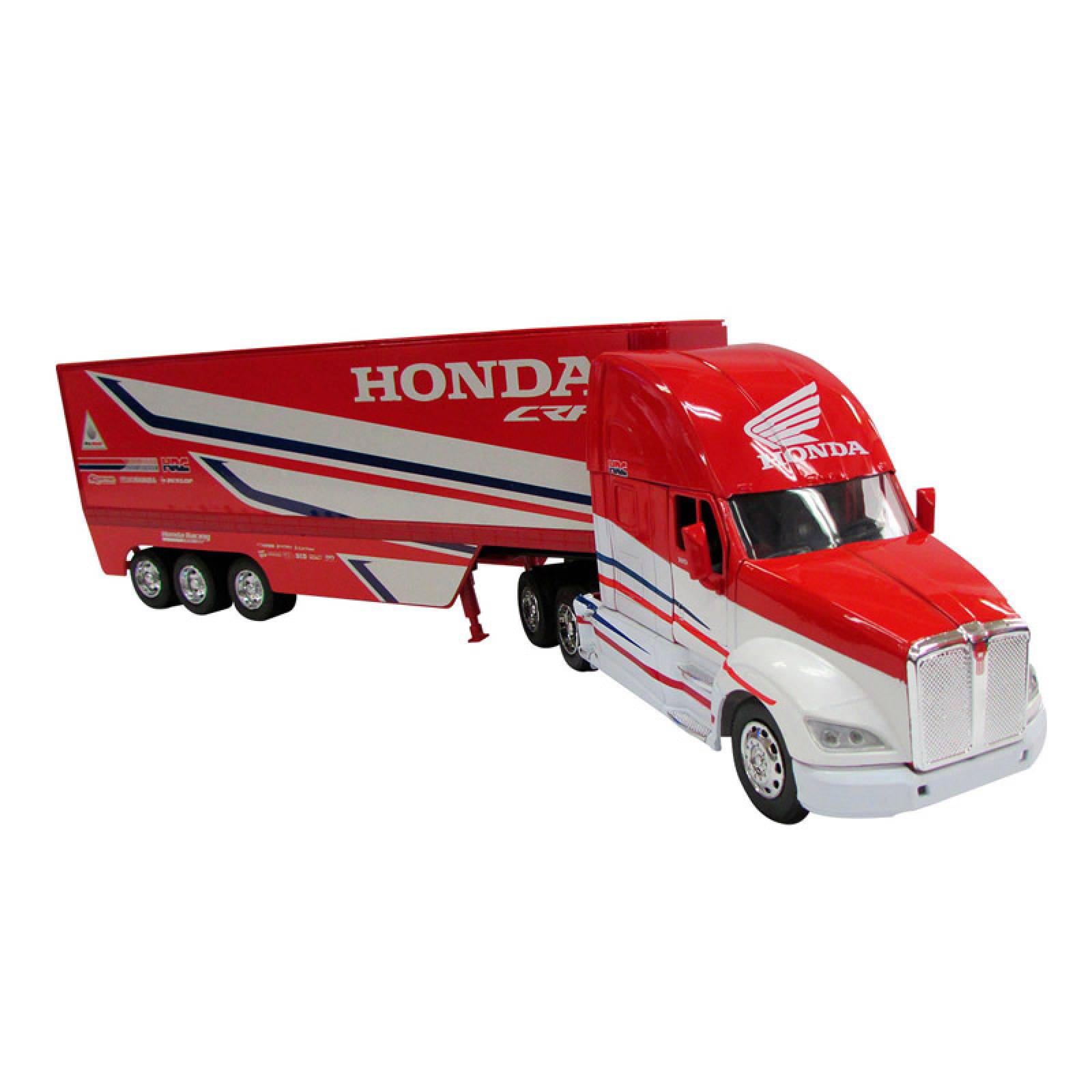 TRACTOCAMION KENWORTH T-700 ROJO/BLANCO CON REMOLQUE CAJA SECA DECORADA HONDA ESCALA 1:32