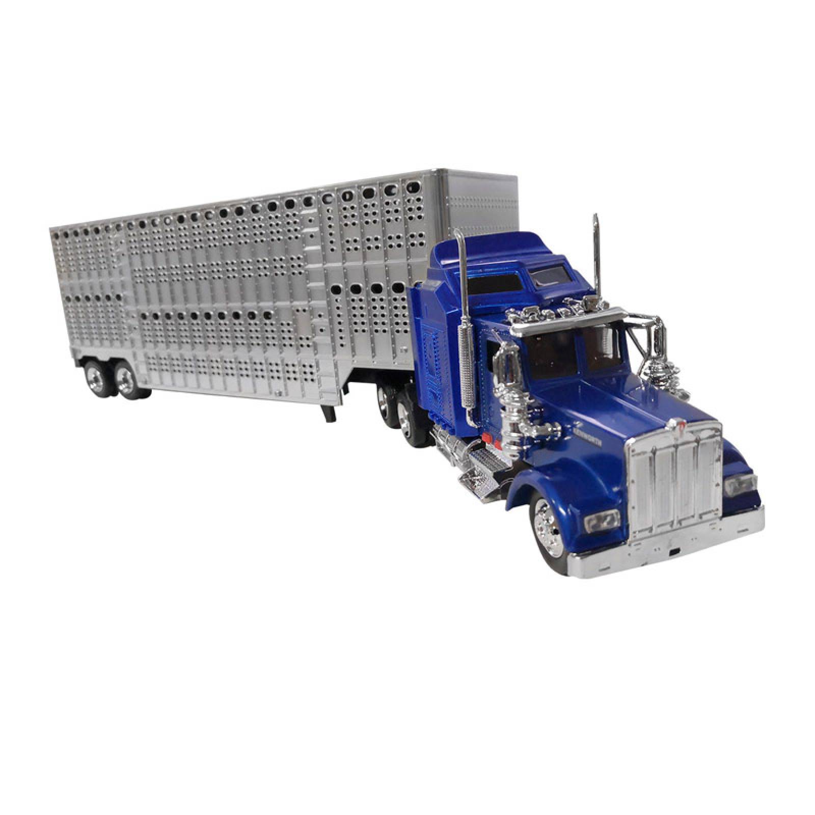 TRACTOCAMION KENWORTH W-900 AZUL CON REMOLQUE PARA GANADO ESCALA 1:43 AZUL