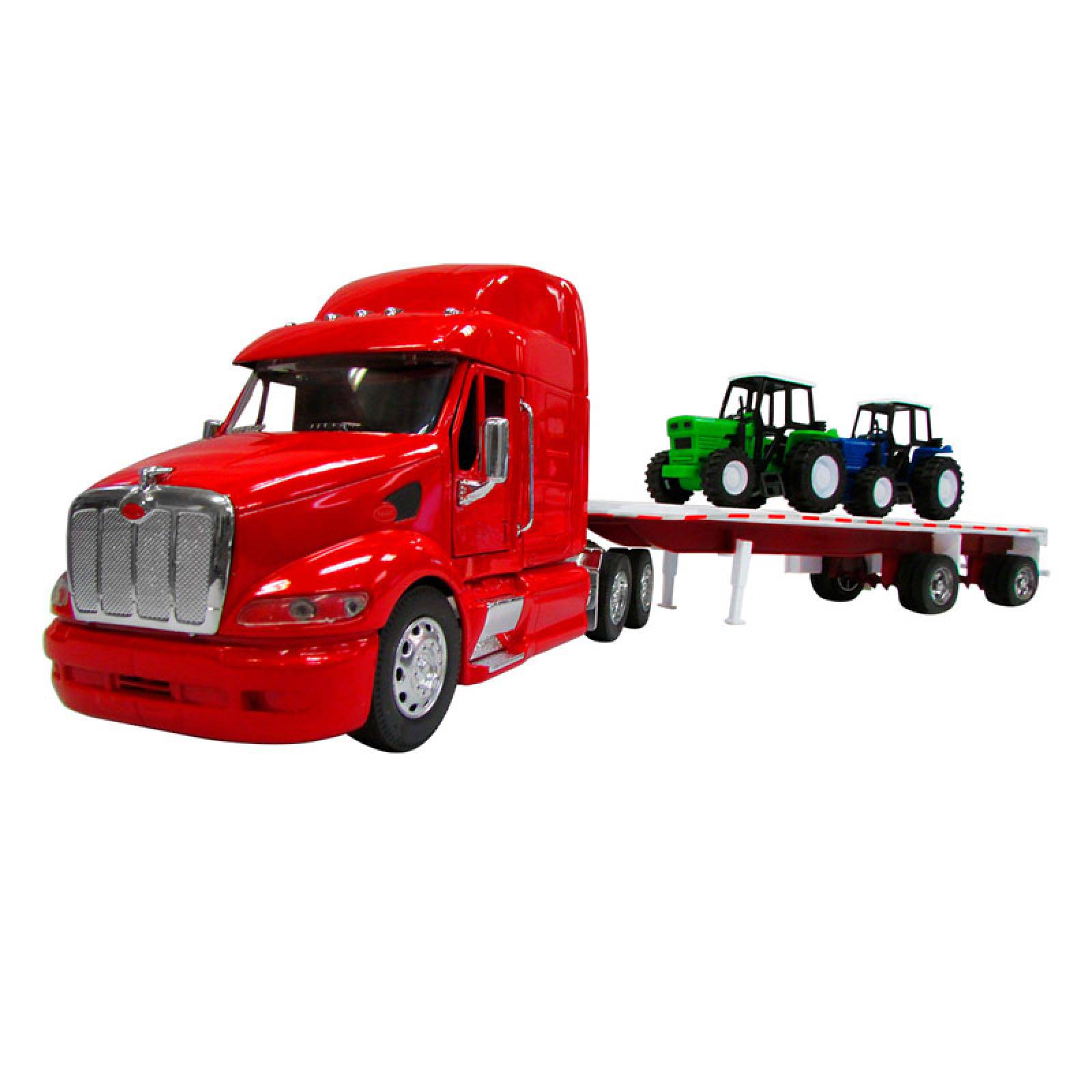 TRACTOCAMION PETERBILT 387 ROJO CON PLATAFORMA Y DOS TRACTORES ESCALA 1:32