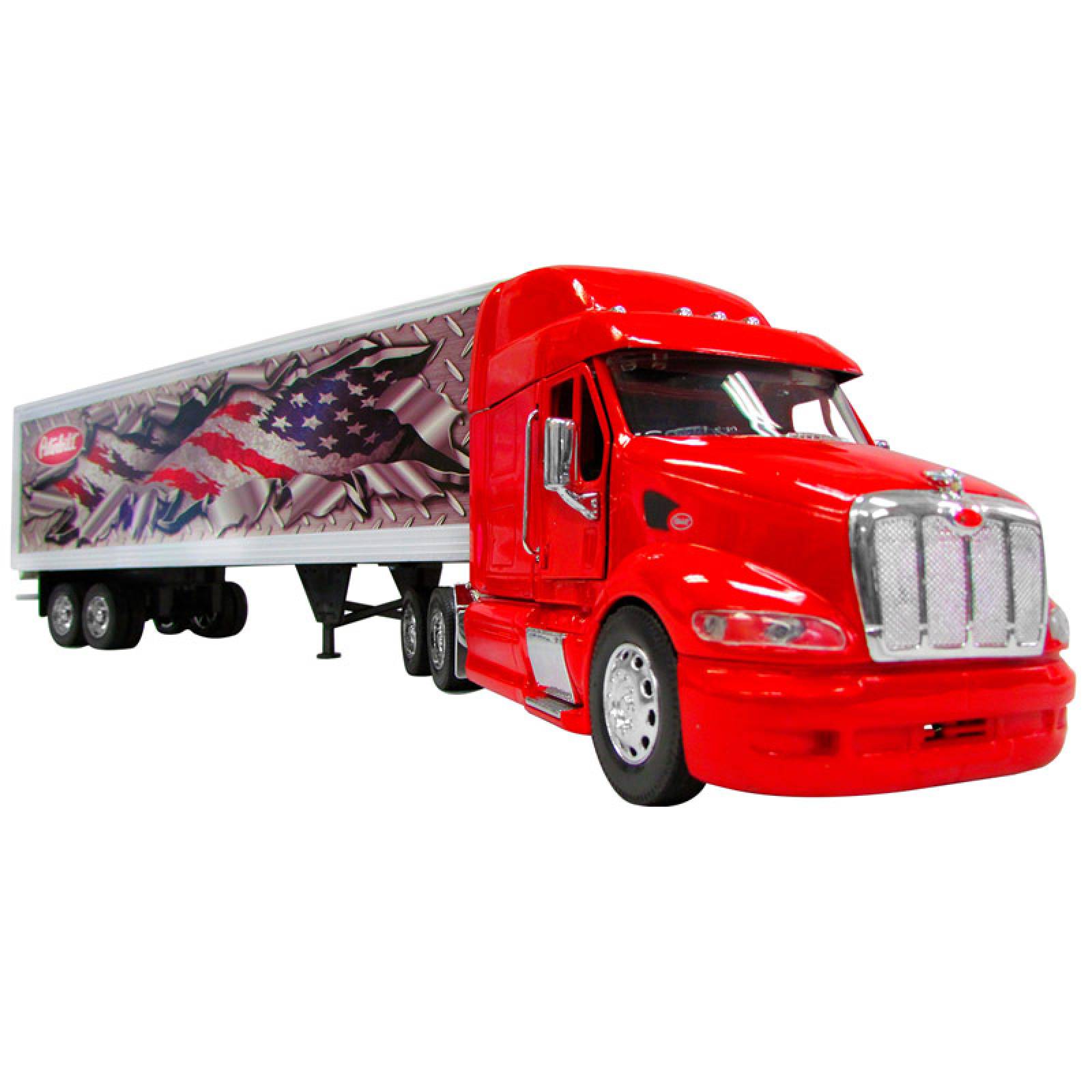TRACTOCAMION PETERBILT 387 ROJO CON REMOLQUE CAJA SECA DECORADA BANDERA USA ESCALA 1:32