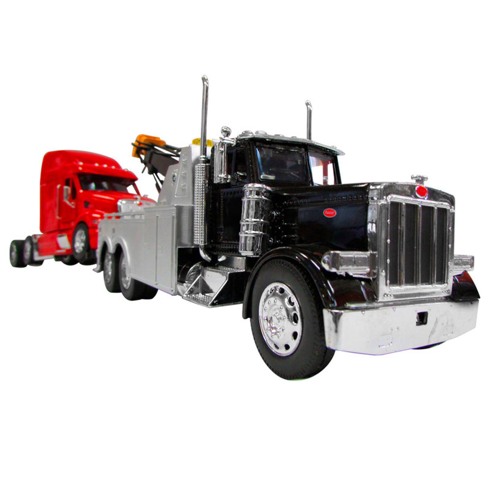 TRACTOCAMION PETERBILT 379 NEGRO GRUA REMOLQUE CON TRACTOCAMION PETERBILT 387 ROJO ESCALA 1:43