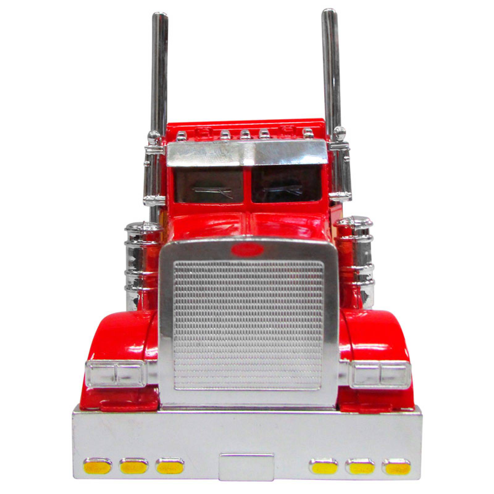 TRACTOCAMION PETERBILT 379 ROJO CON PLATAFORMA Y CAMIONETA MONSTER ESCALA 1:32