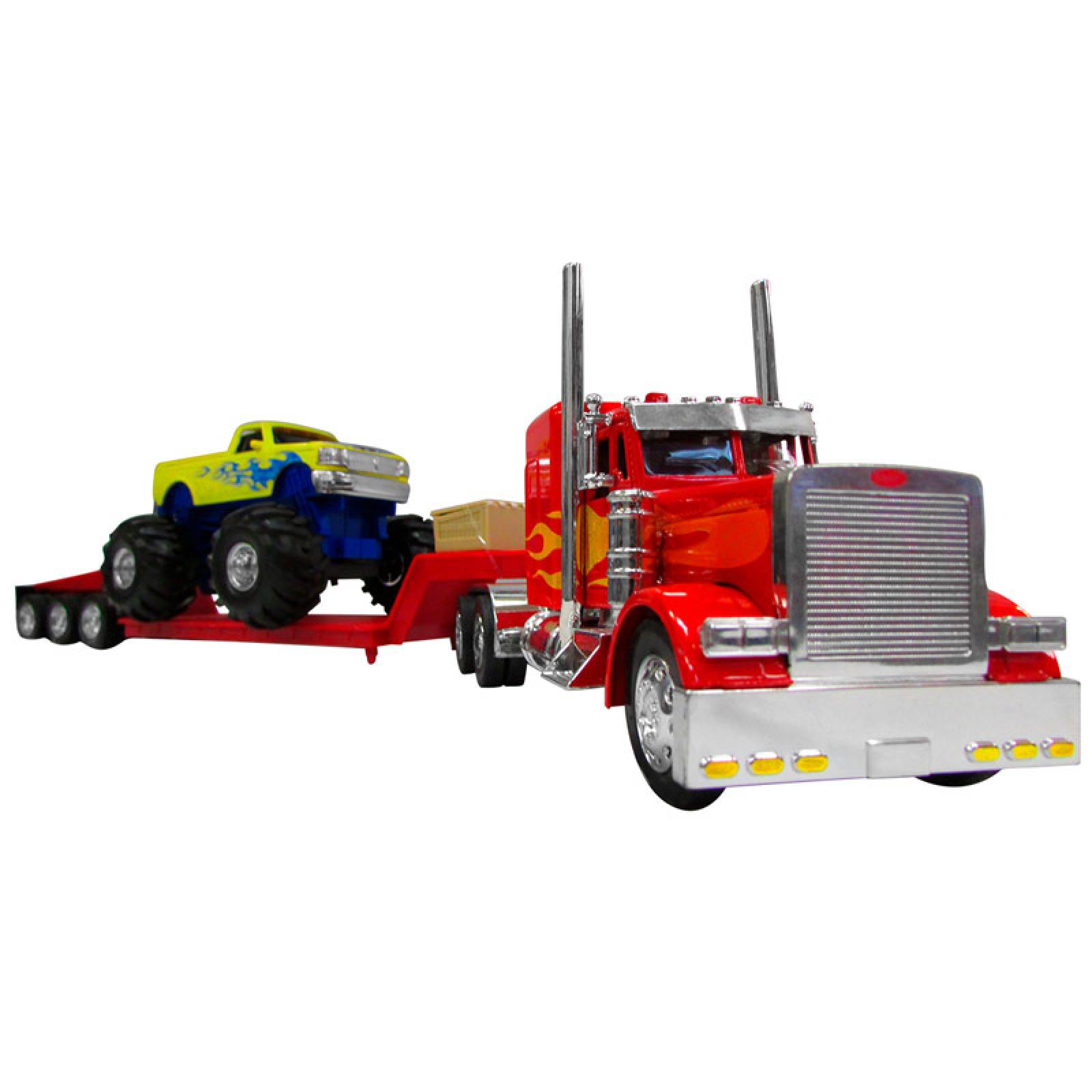 TRACTOCAMION PETERBILT 379 ROJO CON PLATAFORMA Y CAMIONETA MONSTER ESCALA 1:32