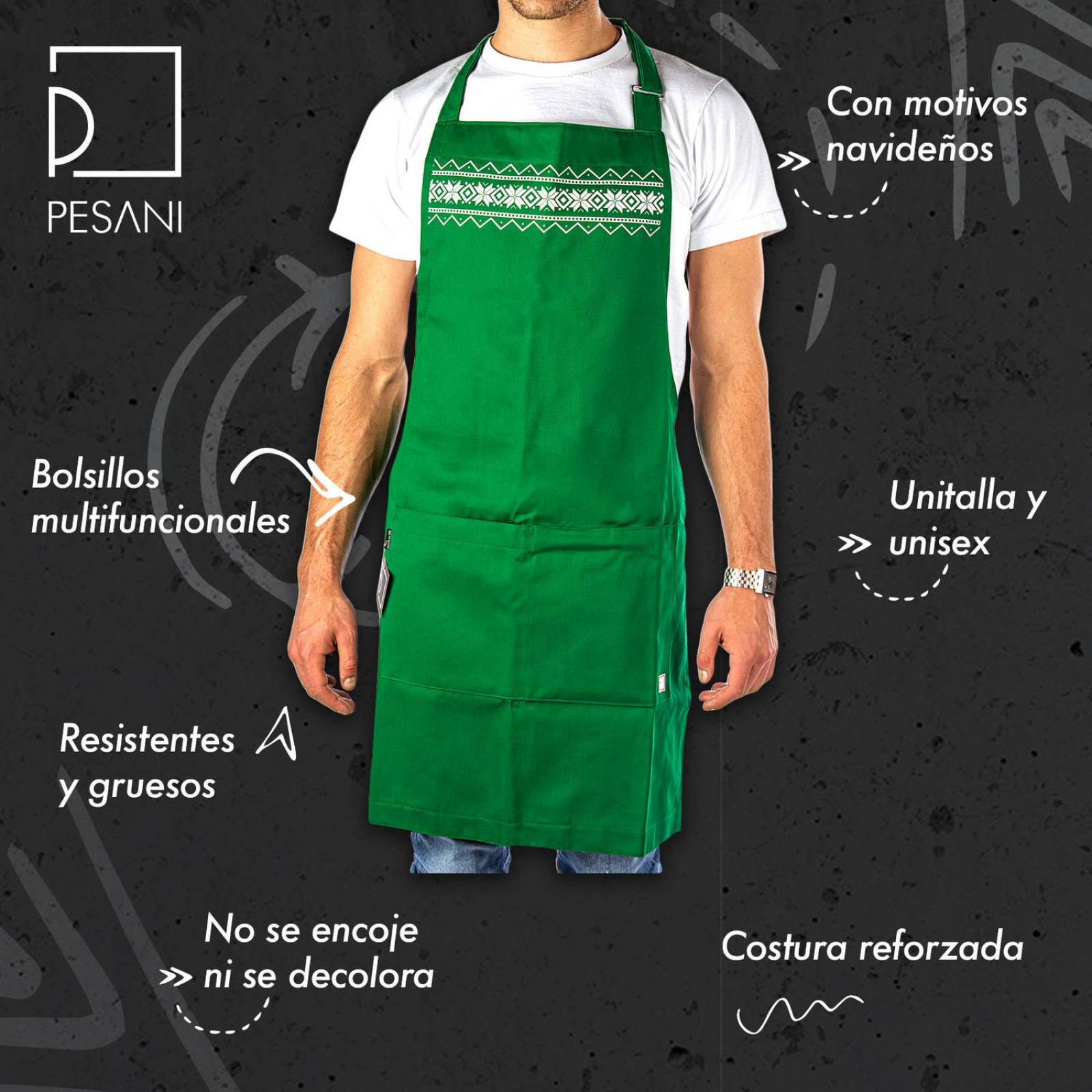Mandil Delantal Navideño Pesani, Gabardina 100% Algodón Verde