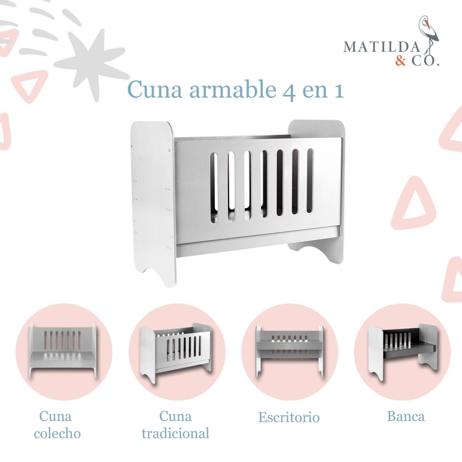 Cuna 4 en 1 Matilda&CoCama Cuna Colecho de Madera para Bebe Unitalla Gris