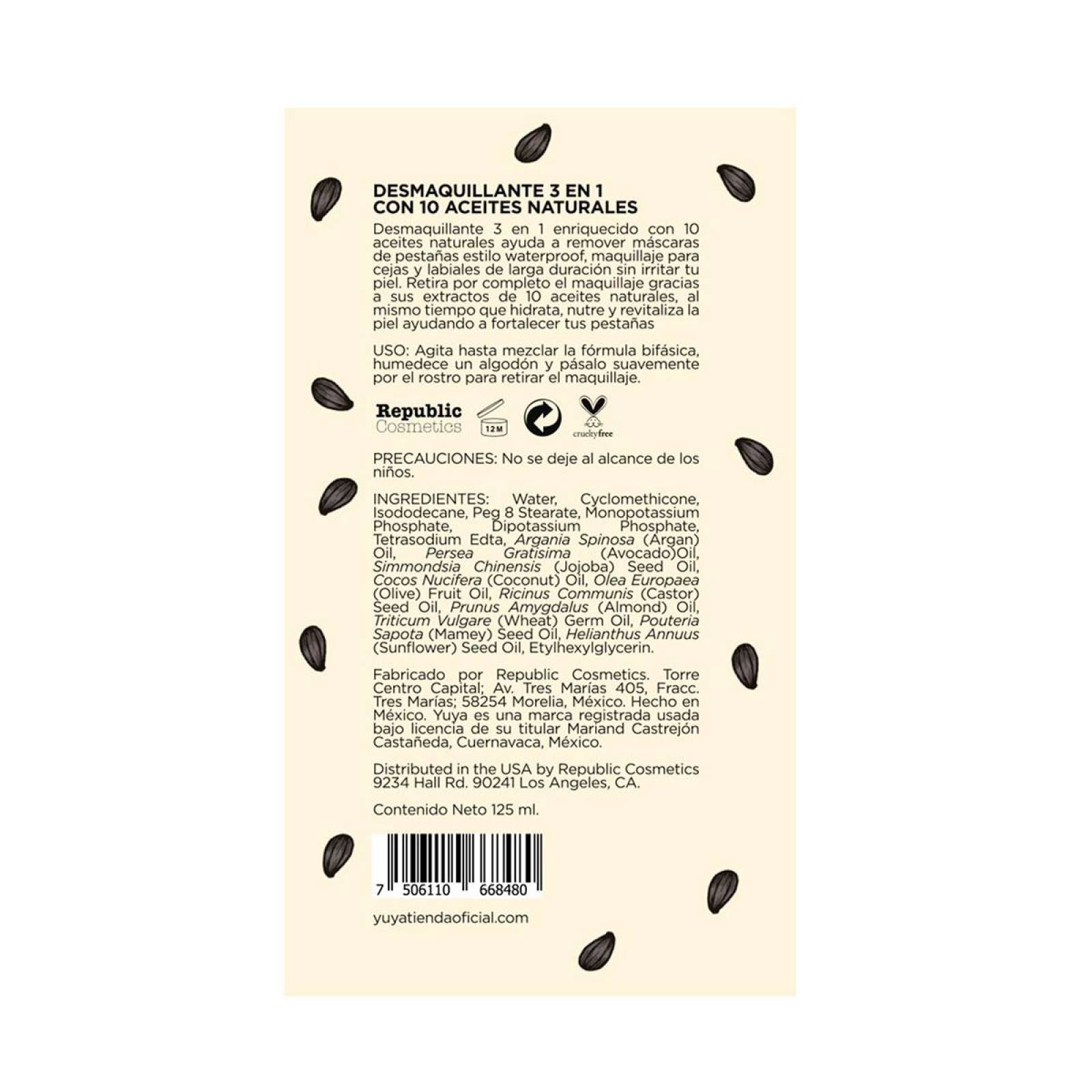 YUYA Desmaquillante 3 en 1 con 10 aceites naturales