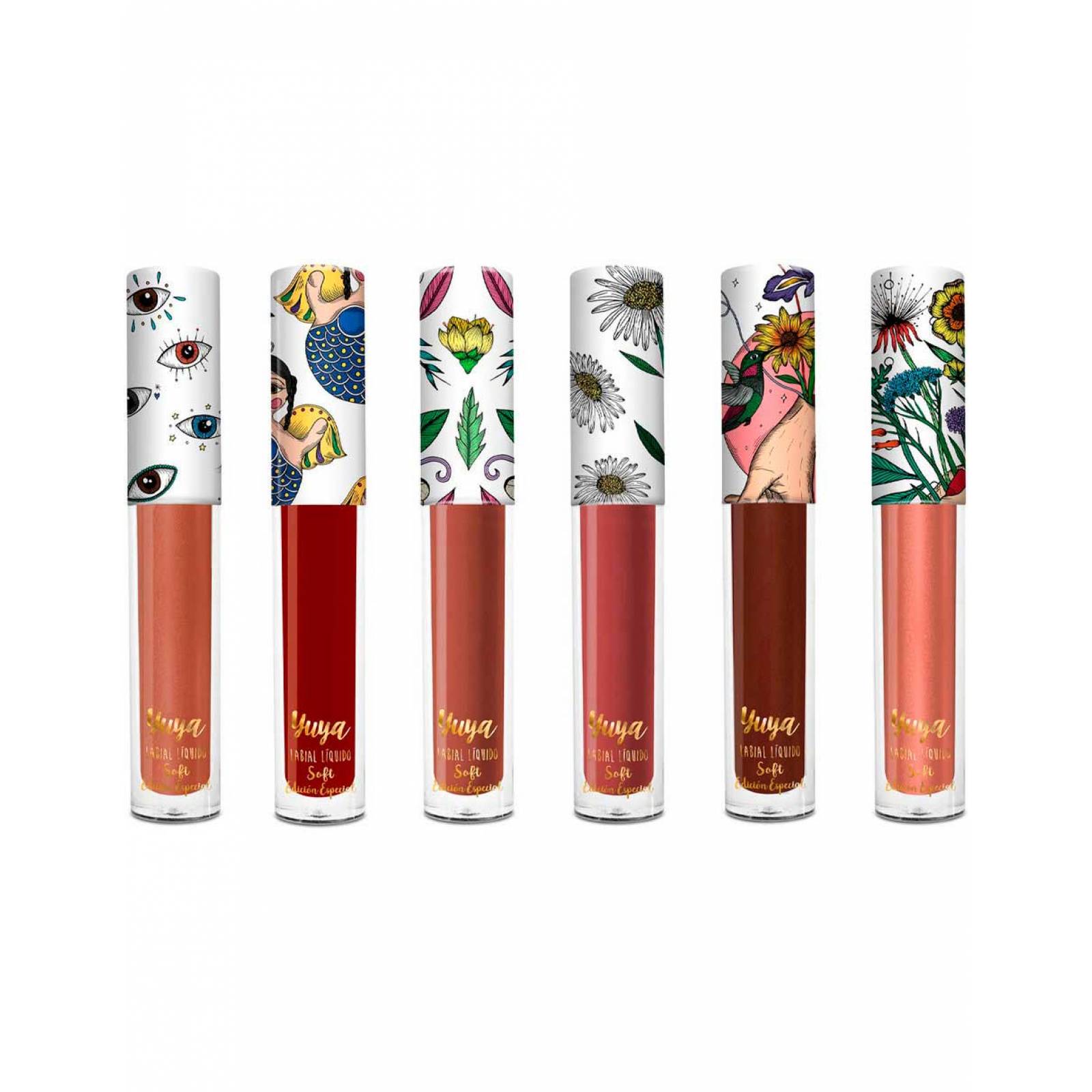 Yuya - Paquete 6 Labiales Soft - Existir (Chocolate), Paraíso (Rojo), Floreces (Chocolate intenso), Margarita (Café Rosado), Míranos (Café Claro), Aleluya (Palo de Rosa con brillos)