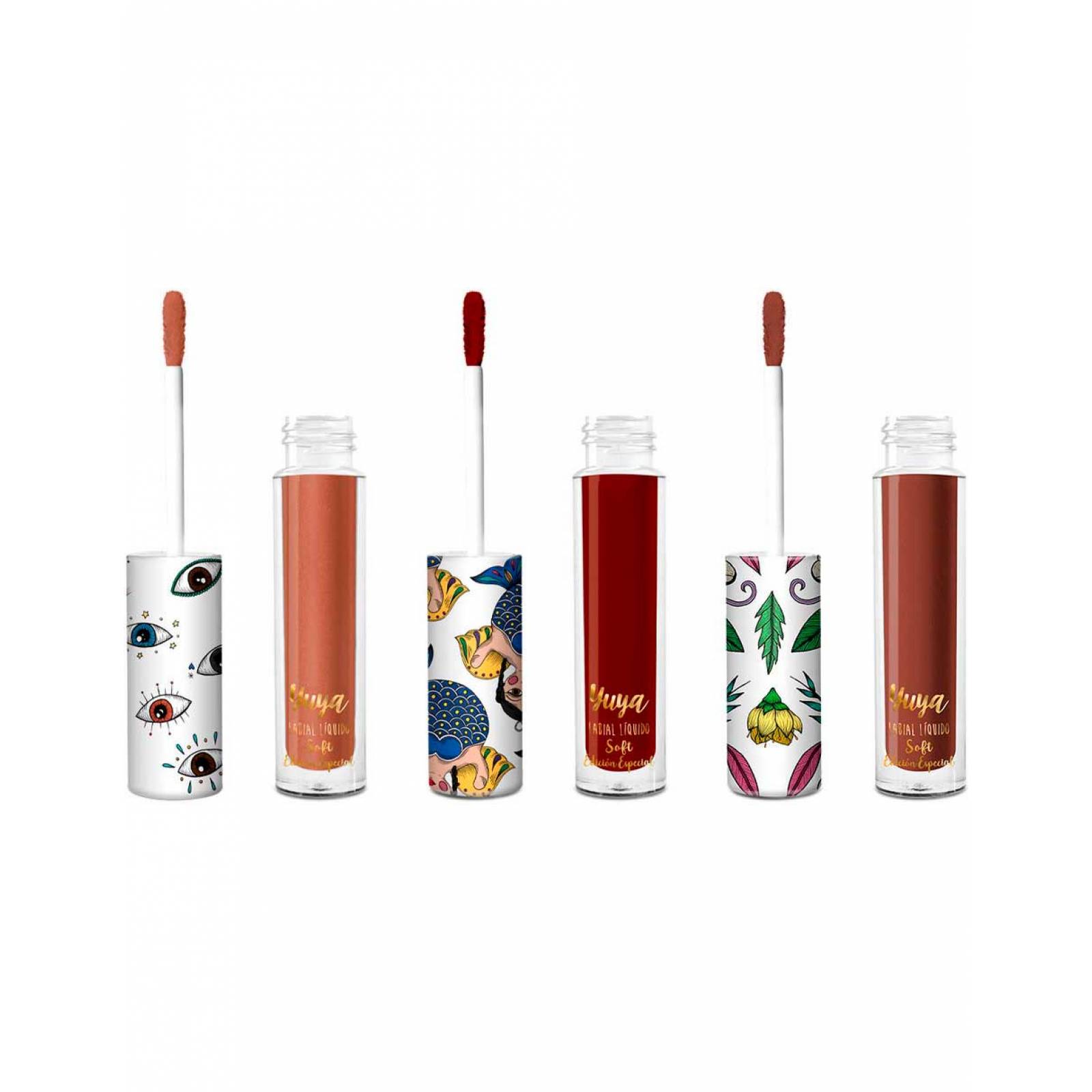 Yuya - Paquete 6 Labiales Soft - Existir (Chocolate), Paraíso (Rojo), Floreces (Chocolate intenso), Margarita (Café Rosado), Míranos (Café Claro), Aleluya (Palo de Rosa con brillos)