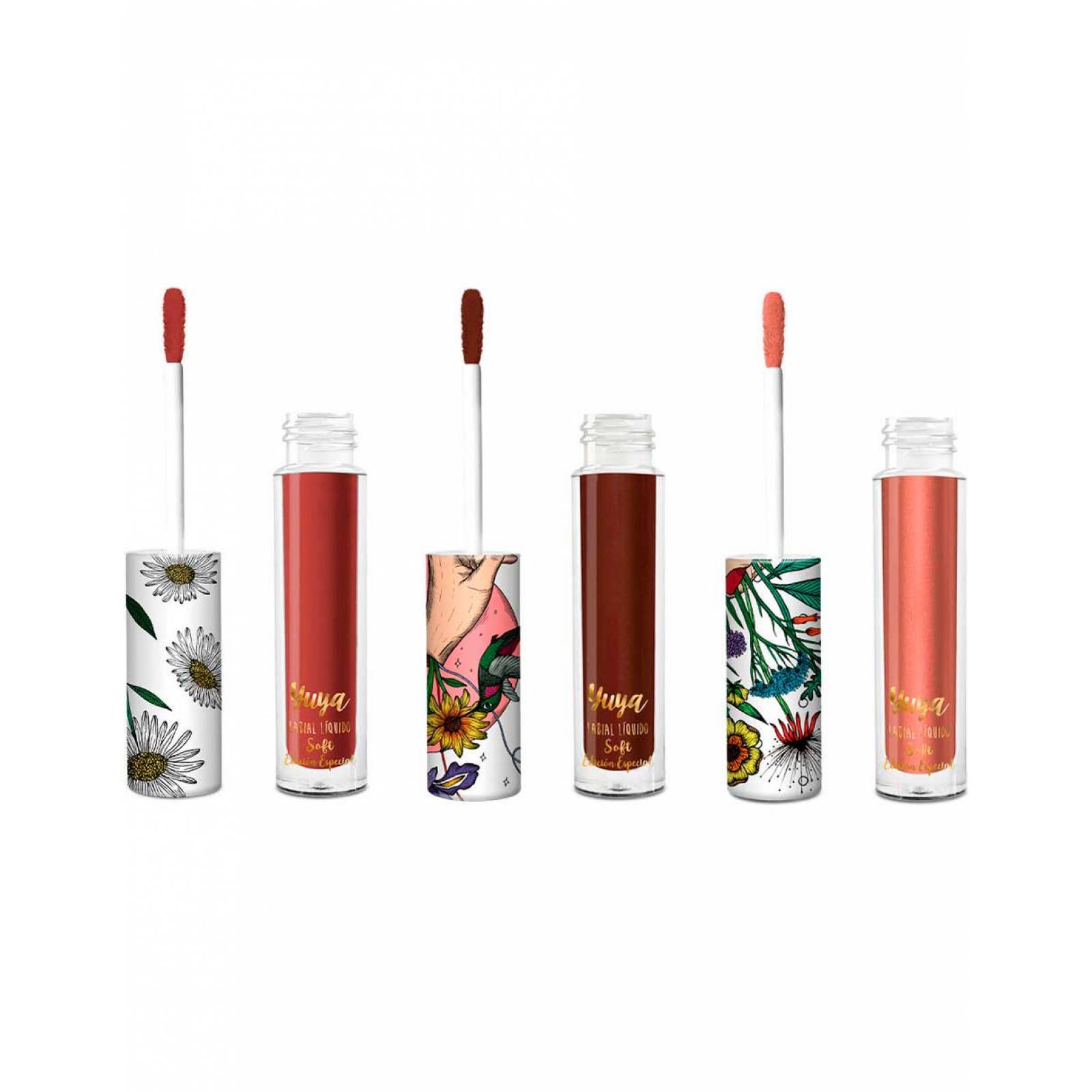Yuya - Paquete 6 Labiales Soft - Existir (Chocolate), Paraíso (Rojo), Floreces (Chocolate intenso), Margarita (Café Rosado), Míranos (Café Claro), Aleluya (Palo de Rosa con brillos)