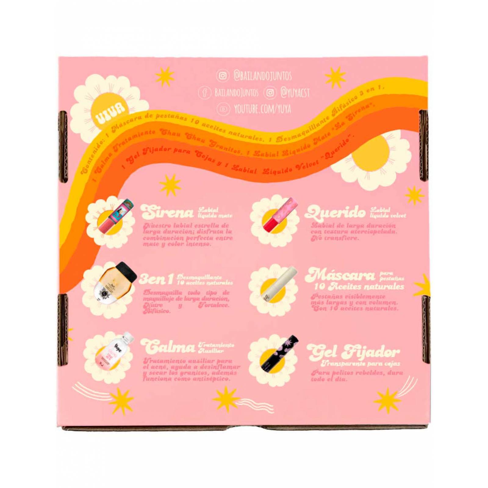 Yuya Caja de Regalo con 6 Productos Top - Labial Sirena (Chocolate), Labial Querido (Rojo Brillante), Desmaquillante 10 Aceites Naturales, Máscara 10 Aceites Naturales, Tratamiento Antiacné Calma, Gel fijador para Cejas