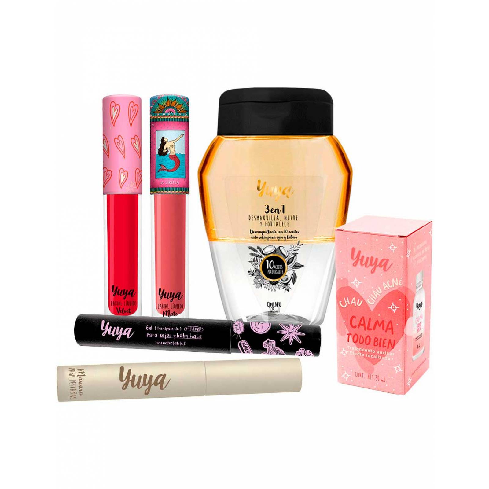 Yuya Caja de Regalo con 6 Productos Top - Labial Sirena (Chocolate), Labial Querido (Rojo Brillante), Desmaquillante 10 Aceites Naturales, Máscara 10 Aceites Naturales, Tratamiento Antiacné Calma, Gel fijador para Cejas