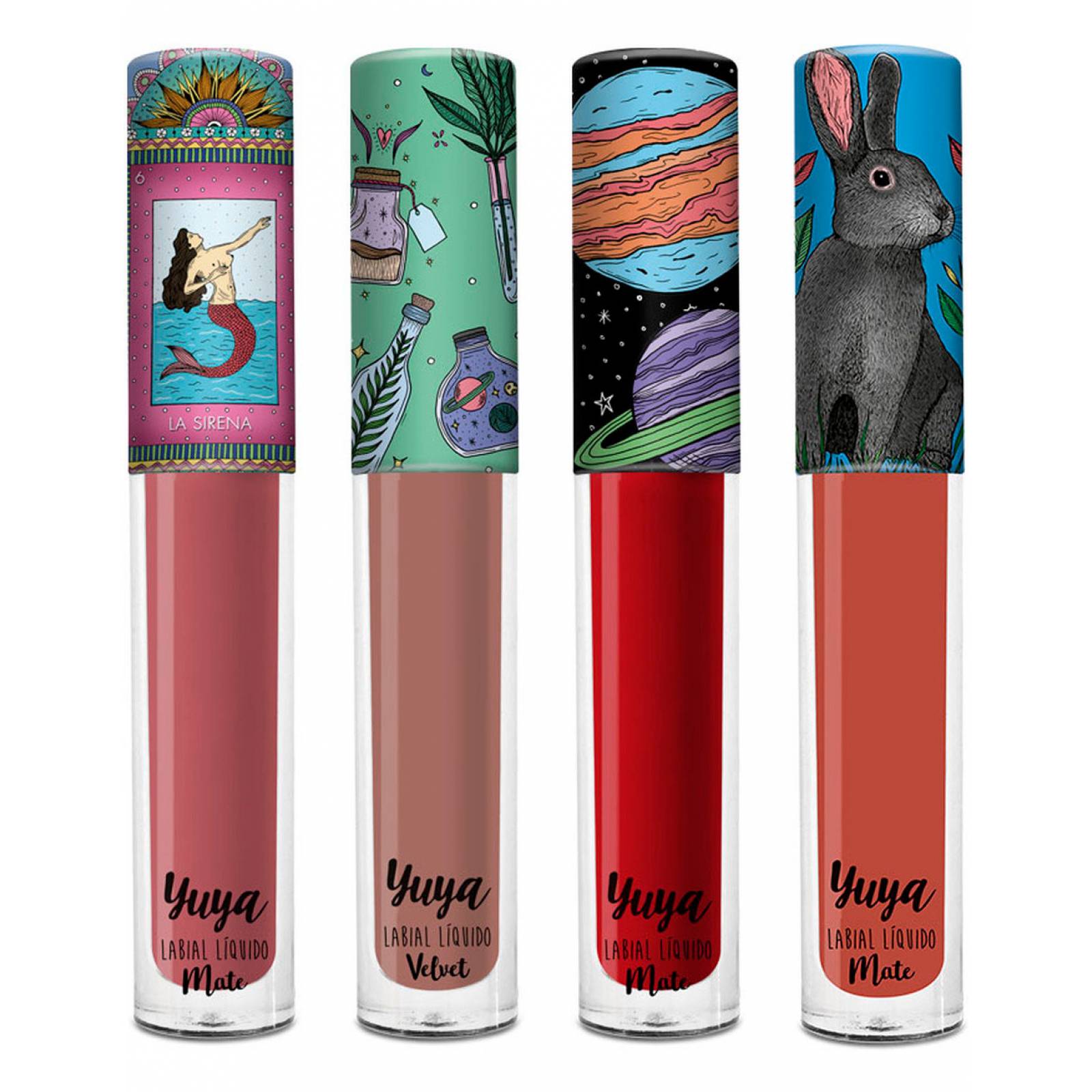 Yuya - Paquete 4 Labiales líquidos Mate - Sirena(Chocolate), Te quiero (Marron) , Mi amor (Rojo intenso), Quédate (Ladrillo)