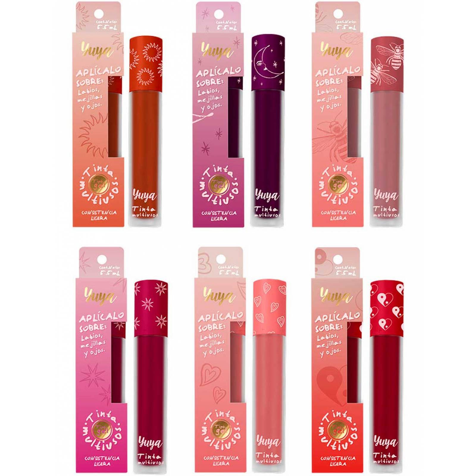 Yuya - Paquete 6 tintas multiusos Incluye: Párvula (Rosa), Fugaz (Fucsia), Tiempo (Bugambilia), Soledad (Salmón), Ser (Palo de Rosa), Yin Yan (Rojo)