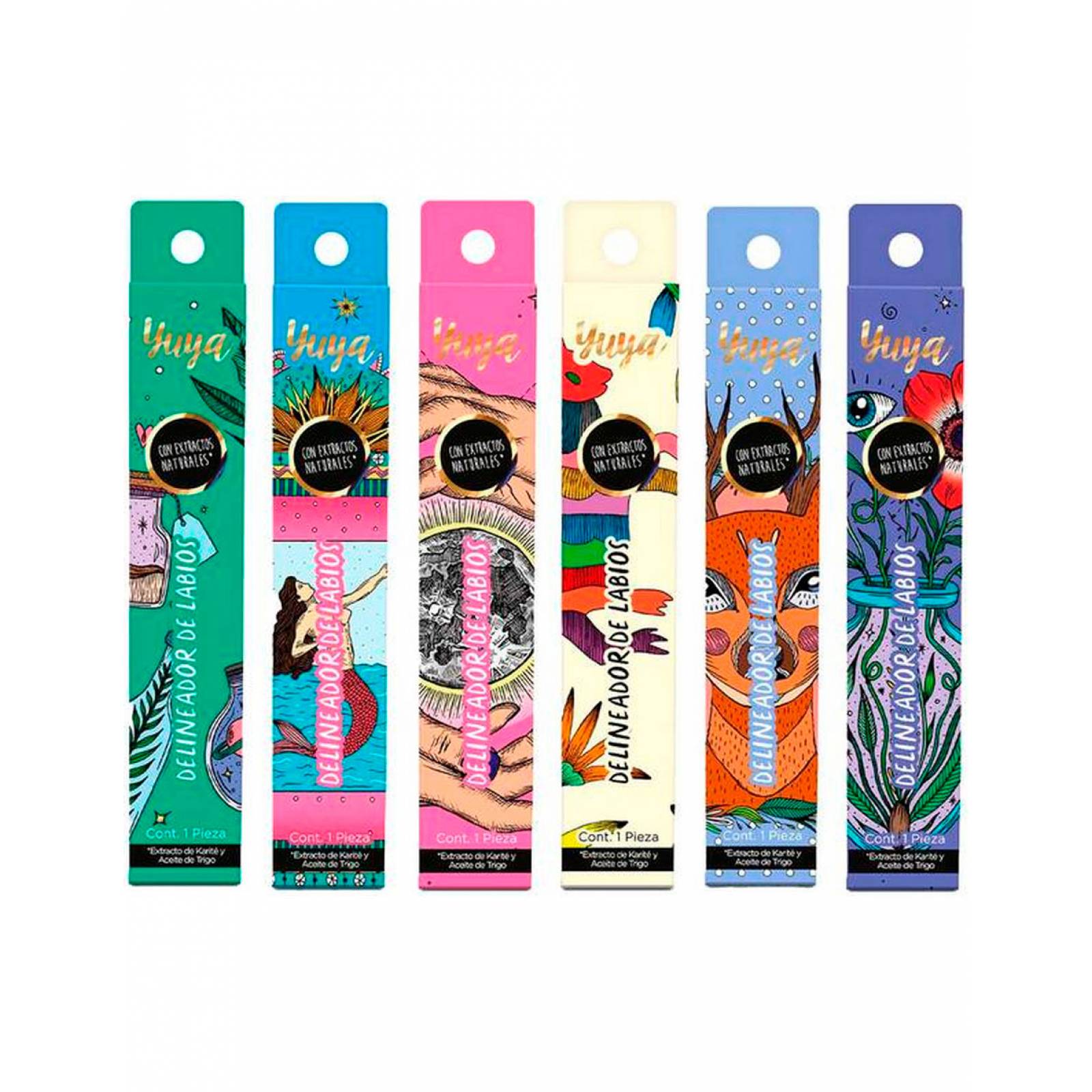 Yuya - Combo 6 Delineadores de Labios - La Sirena (Chocolate), Te quiero (Marrón), Ramé (Rojo), Apapacho (Pitaya), Bonita (Durazno), Chiquita (Vino)