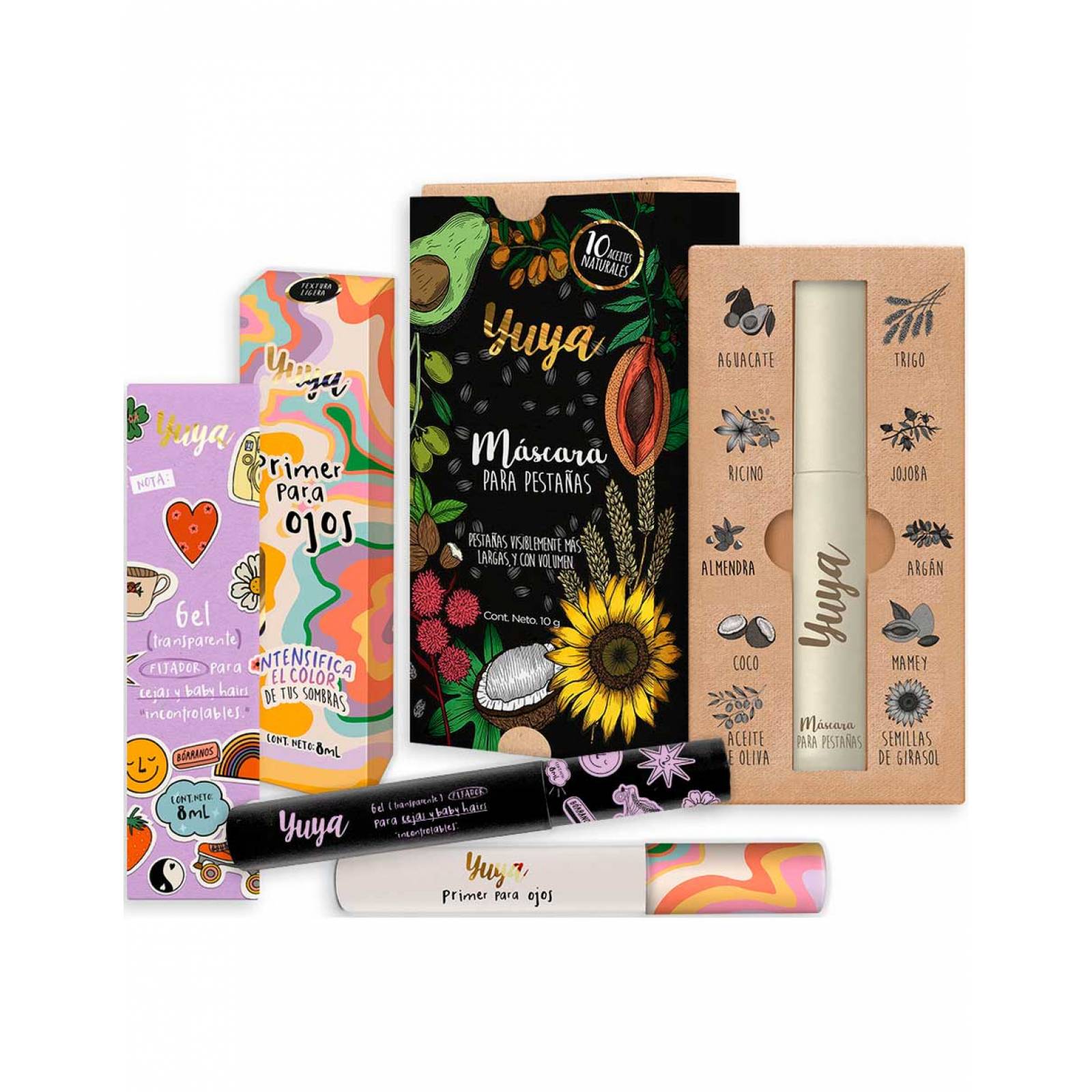 Yuya - Pack Primer Para Ojos 8ml + Máscara Para Pestañas 10 Aceites 10g  + Gel Fijador Para Cejas 8ml