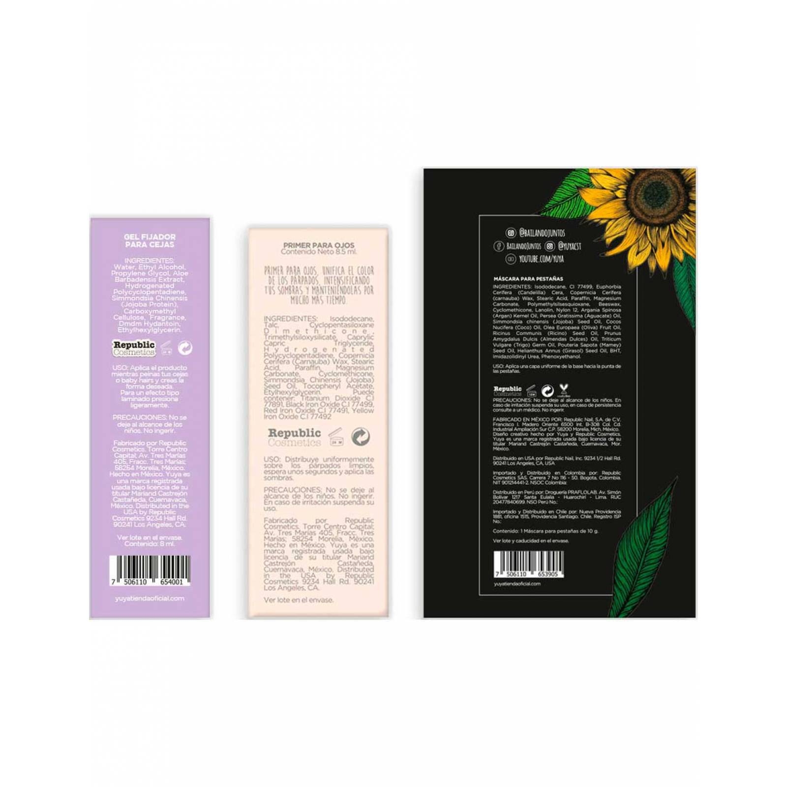 Yuya - Pack Primer Para Ojos 8ml + Máscara Para Pestañas 10 Aceites 10g  + Gel Fijador Para Cejas 8ml