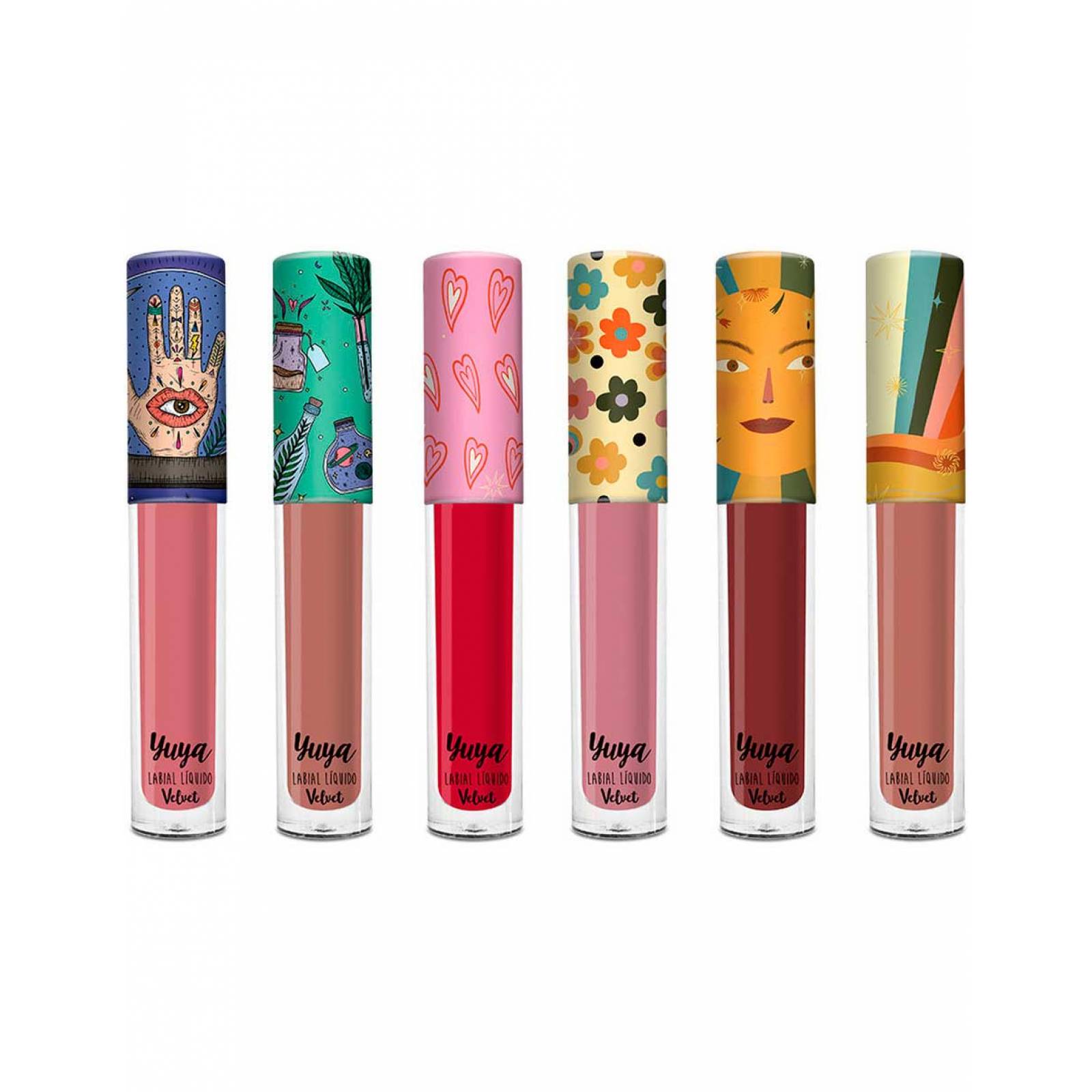 Yuya - Paquete 6 Labiales Velvet - Te Quiero (Marrón), Recuerdo (Café Naranja), Querido (Rojo Brillante), Roseta (Rosa Morado), Viva (Café Rojo), Traviesa (Palo de Rosa)