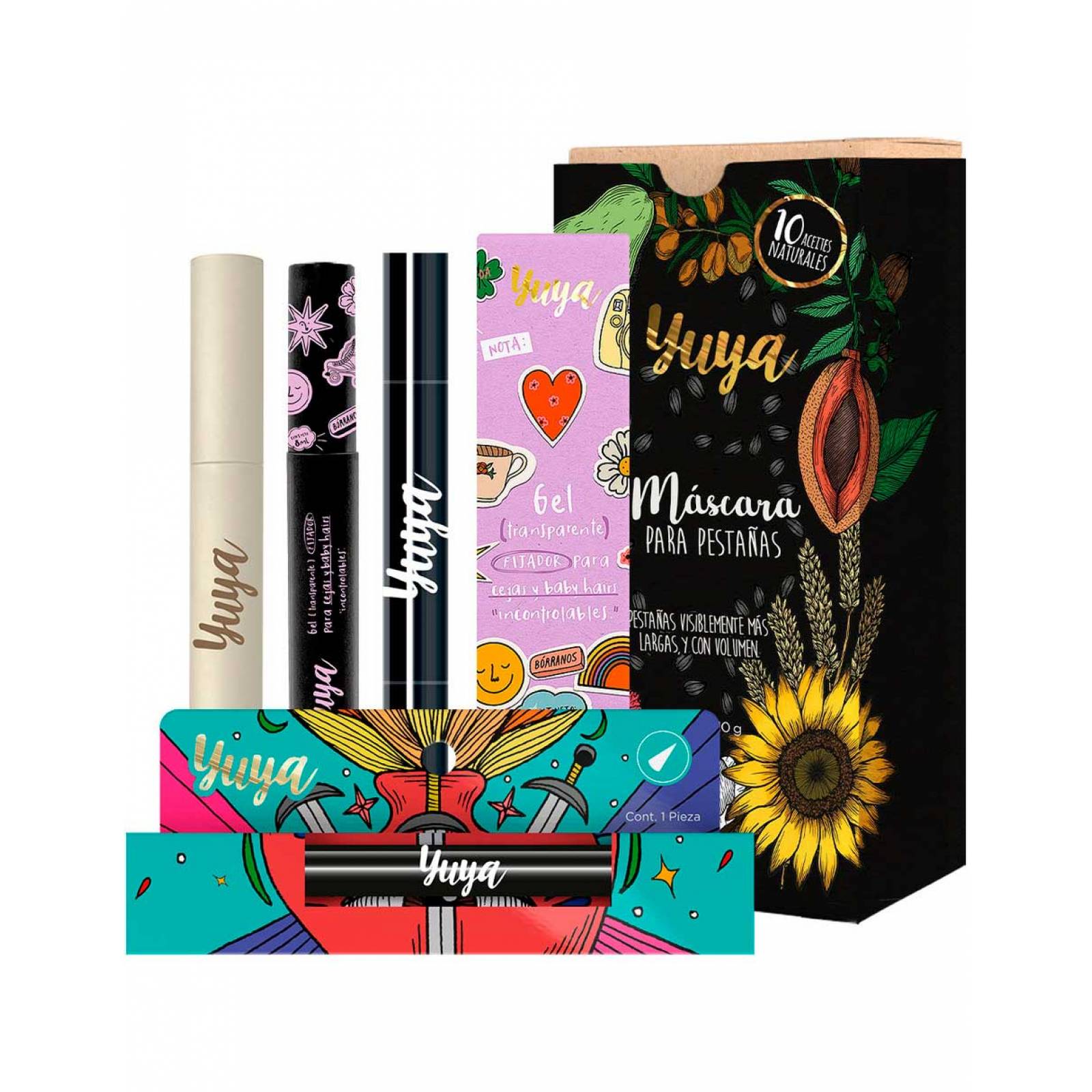 Yuya - Paquete Máscara Para Pestañas 10 Aceites Naturales 10g + Delineador Cat Eye + Gel Fijador Para Cejas 8ml