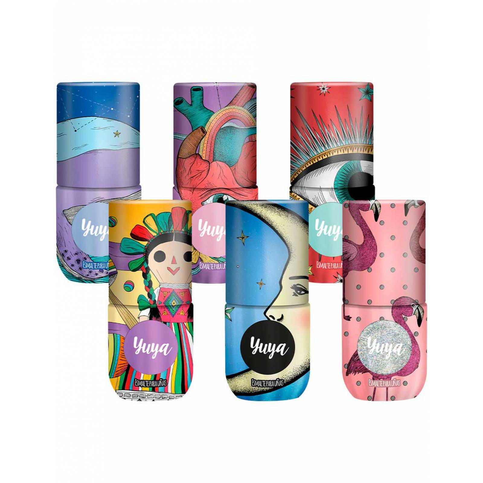 Pack 6 Esmaltes Yuya Varios Colores 8ml Cada uno-Incluye: México Bonito (Violeta Amatista), Baila Conmigo (Glitter Plata), Amor Mío (Rosa Lavanda), Tus Ojos (Azul Celeste), Mar, Mar (Gris azulado), Sueño Contigo (Negro)