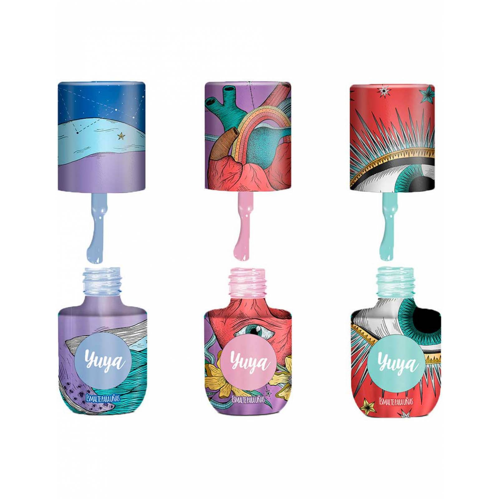 Pack 6 Esmaltes Yuya Varios Colores 8ml Cada uno-Incluye: México Bonito (Violeta Amatista), Baila Conmigo (Glitter Plata), Amor Mío (Rosa Lavanda), Tus Ojos (Azul Celeste), Mar, Mar (Gris azulado), Sueño Contigo (Negro)